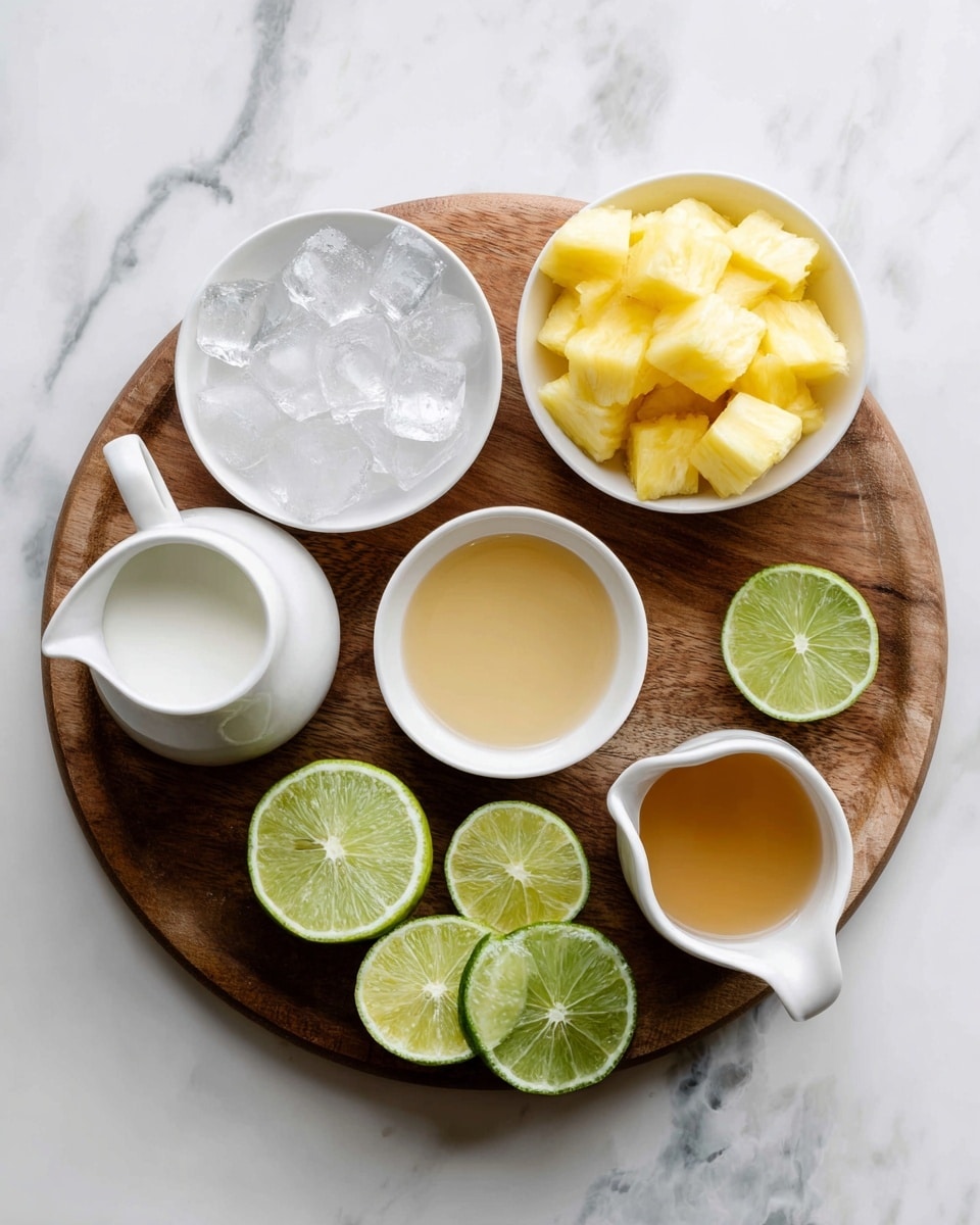 A round wooden board on a white marbled surface holds five white dishes and three lime halves. One small white bowl contains clear ice cubes. Next to it is a small white bowl filled with yellow frozen pineapple chunks. Another small white bowl has light golden maple syrup. A small white jug holds white coconut milk with a handle and spout. A white bowl contains golden pineapple juice. Three lime halves, bright green outside and pale green inside, are placed in front of the bowls. photo taken with an iphone --ar 4:5 --v 7
