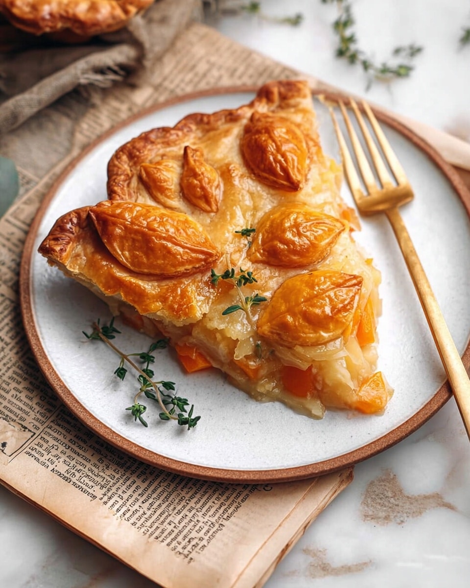 A slice of pie with a golden brown crust sits on a white plate with a brown rim. The pie crust is decorated with small, shaped pieces of dough resembling leaves and acorns, baked to a shiny deep orange-brown color on top. Inside the slice, soft filling with visible pieces of orange carrots can be seen beneath the crust. A few green thyme sprigs rest on the pie's surface. A gold fork lays on the edge of the plate. The plate is on top of folded newspaper and a light linen cloth, all set on a white marbled surface. Photo taken with an iphone --ar 4:5 --v 7
