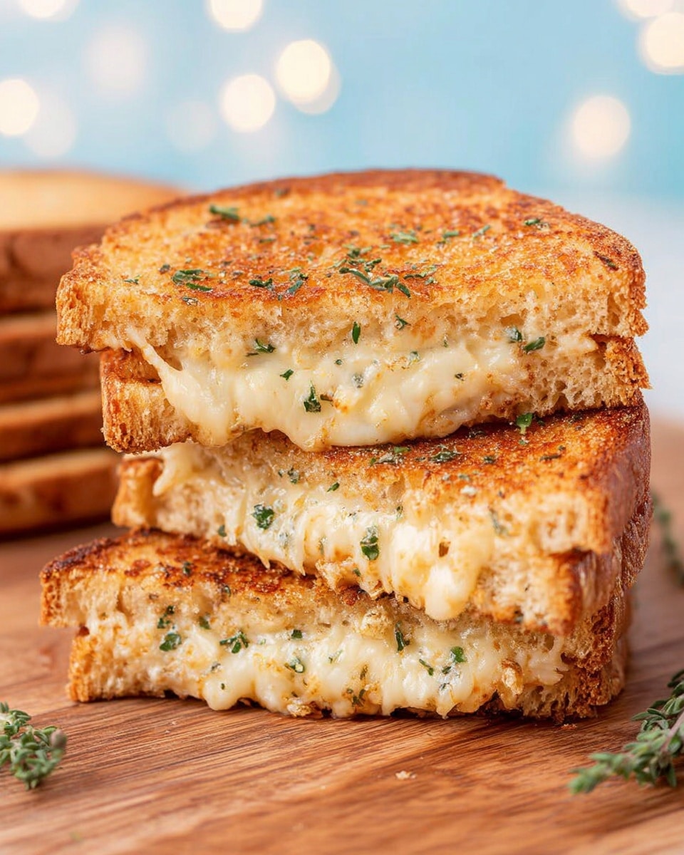 The image shows a toasted sandwich stacked with two thick slices of golden-brown bread, each side toasted evenly with a slightly rough, crispy texture. Inside, the sandwich has a rich layer of melted cheese that oozes a little out from the edges, looking creamy with small bubbles of warmth. The top of the sandwich is sprinkled with small bits of green herbs, adding a touch of color and freshness. The sandwich rests on a wooden surface, and behind it, more slices of the same bread are visible in a neat stack. The background is softly blurred with light blue and white tones. photo taken with an iphone --ar 4:5 --v 7