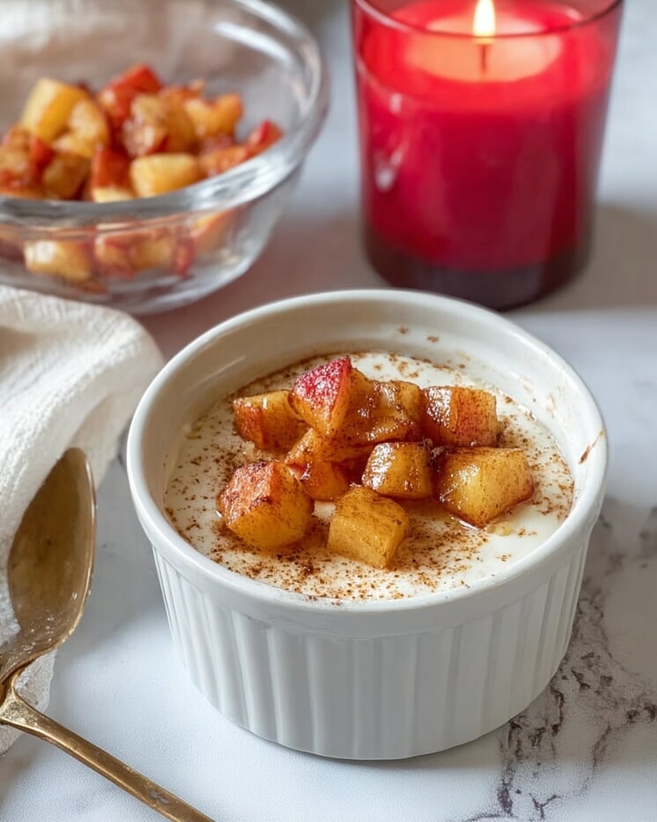A white ramekin filled with a smooth, creamy white yogurt base, topped with two layers of roasted fruit pieces. The bottom fruit layer has soft, golden yellow chunks with a slightly caramelized texture, while the top layer consists of darker, reddish-brown caramelized fruit pieces, all sprinkled lightly with brown cinnamon powder. The ramekin is placed on a white marbled surface next to a gold-colored spoon and a beige cloth. Photo taken with an iphone --ar 4:5 --v 7