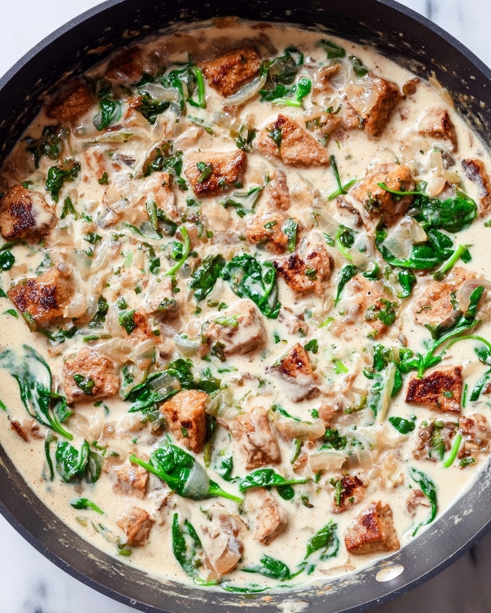 A close-up top view of a black pan filled with creamy white sauce mixed with browned pieces of meat or tofu, small bits of sautéed onions, and vibrant green spinach leaves scattered throughout. The sauce looks thick and has a smooth texture with small flecks of herbs. The browned pieces are irregular in size and spread evenly across the pan, creating a mix of light and darker brown colors against the pale cream sauce, all set on a white marbled surface photo taken with an iphone --ar 4:5 --v 7