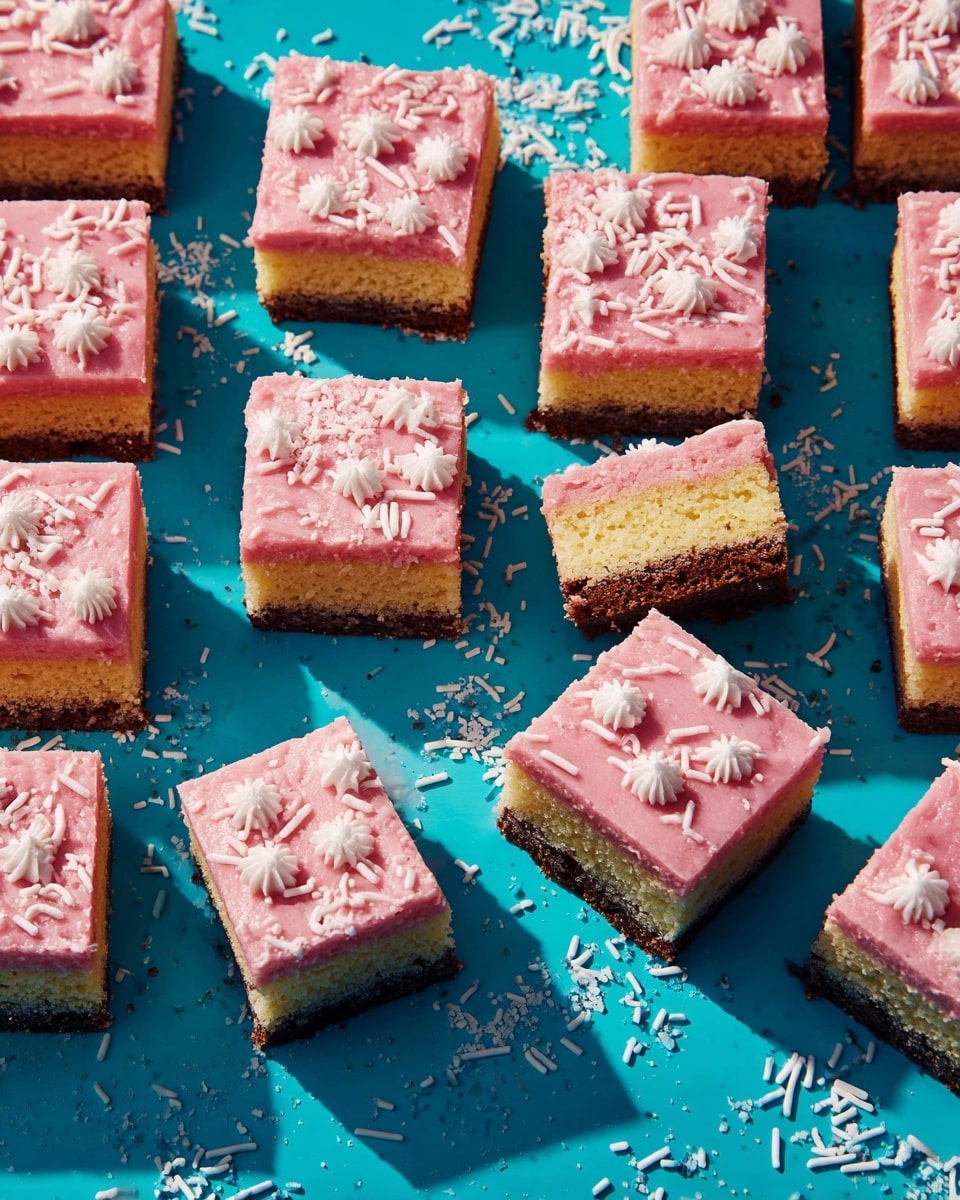 The image shows many square-shaped layered cake pieces scattered on a blue surface with white sprinkles around them. Each cake piece has three layers: a bottom dark brown layer with a crumbly texture, a middle light yellow layer that looks soft, and a top pink layer covered in smooth frosting decorated with white round and stick sprinkles along with small white flower-shaped sprinkles. Some pieces are whole while others are split in half, showing the clear division between each layer. The blue surface is covered in shadows from the pieces and the scattered sprinkles add a playful touch. photo taken with an iphone --ar 4:5 --v 7