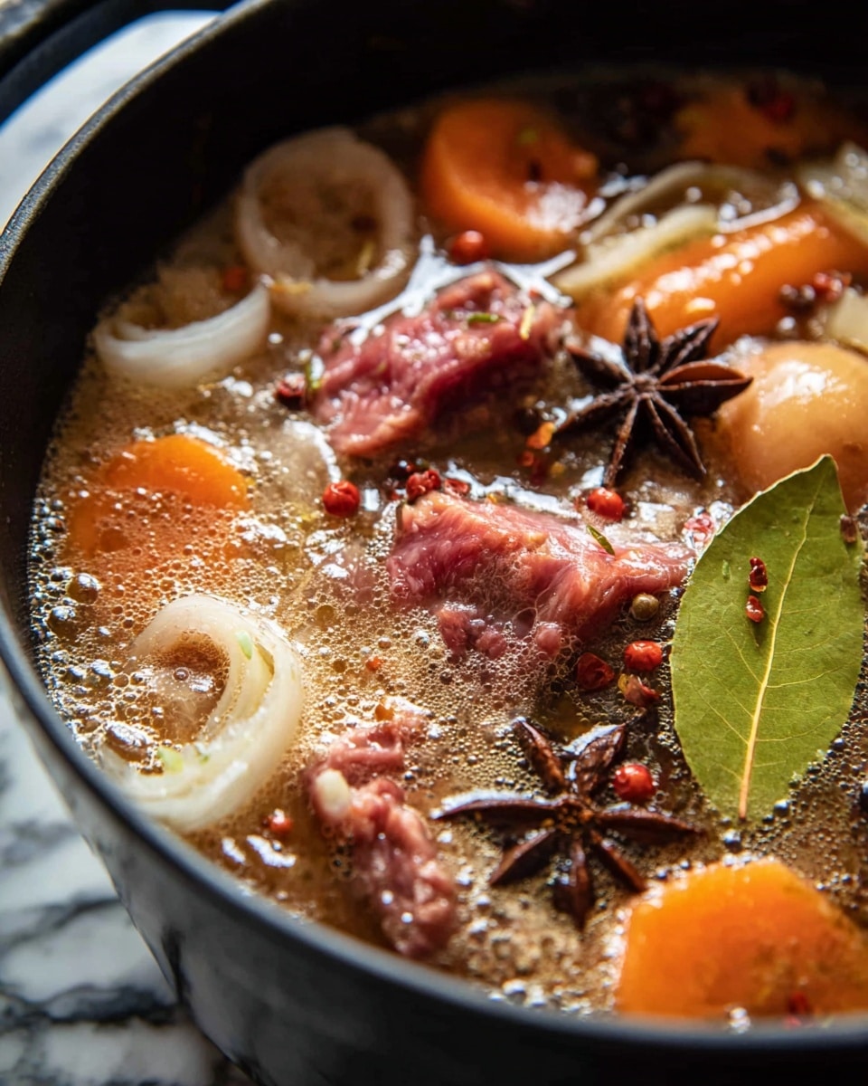 A close-up view of a black pot filled with boiling stew showing multiple layers: large chunks of raw red meat, thin slices of soft translucent onions, orange baby carrots, light green bay leaves, a dark brown star anise, and red chili flakes floating in a frothy, bubbling brown broth. The edges of the pot are visible with some bubbling liquid overflowing slightly. The scene is set against a white marbled texture. photo taken with an iphone --ar 4:5 --v 7