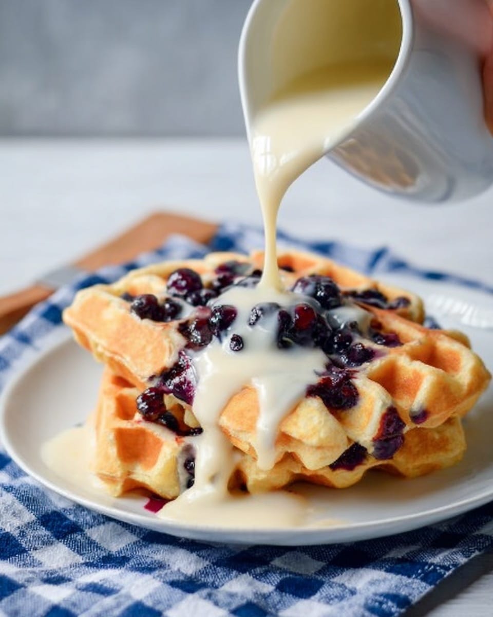 A close-up of two golden waffles stacked on a white plate, embedded with fresh dark blueberries and dark purple berry pieces. A white pitcher is pouring thick, creamy white sauce on top, flowing smoothly over the waffles. The plate is on a blue and white checkered cloth, all set on a white marbled texture surface. A woman's hand holding the pitcher is partially visible from the top left corner. photo taken with an iphone --ar 4:5 --v 7