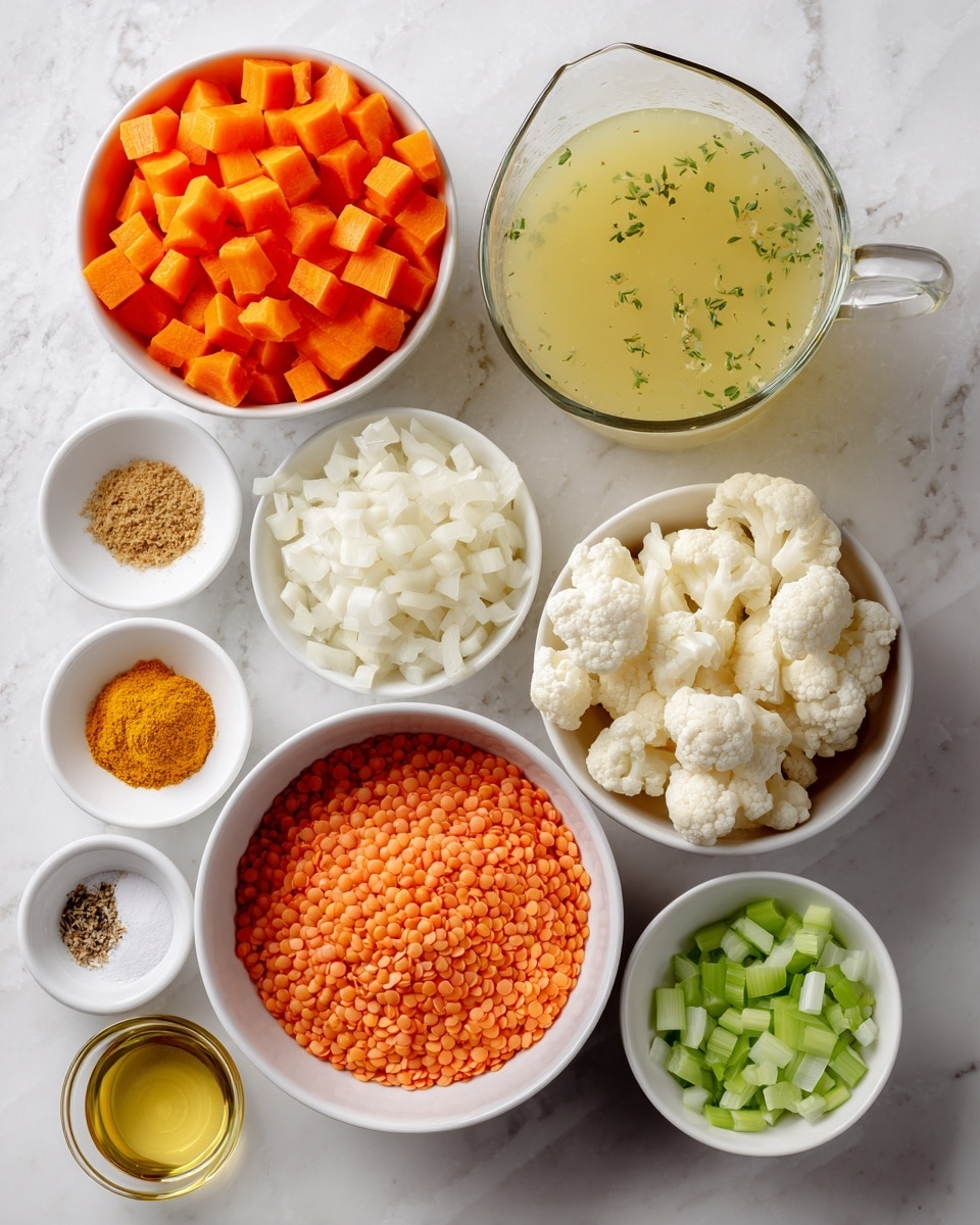 The image shows several white bowls and small dishes arranged on a white marbled surface, each holding different ingredients. There are three larger white bowls forming a triangle: one filled with bright orange diced carrots at the top, one with white cauliflower florets on the right, and one with chopped white onions at the bottom. A medium bowl of red lentils with a grainy texture is on the left side. A clear glass jug holds pale yellow veggie broth with green herbs floating in it, positioned on the top right. A small clear glass container with golden oil is near the top left. Several tiny white dishes hold different spices and small diced ingredients: chopped white garlic, bright yellow turmeric powder, brownish cumin powder, bright yellow curry powder, and white salt. A small white bowl with chopped green celery is near the onion bowl. Everything is spread neatly with clear labels for each item. Photo taken with an iphone --ar 4:5 --v 7
