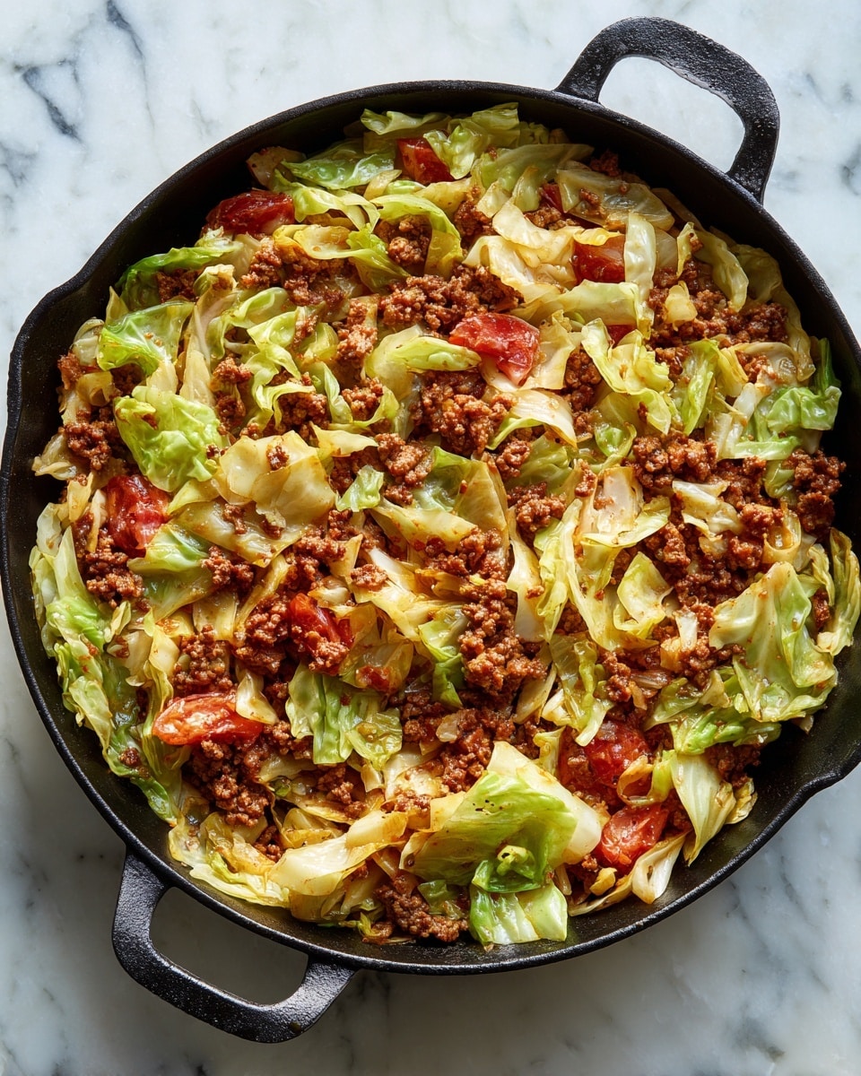 A black cast iron pan filled with a cooked mix of ground meat and cabbage pieces with some tomato chunks, all stirred together. The cabbage is light green and slightly wilted, while the meat is brown and crumbly, sitting mostly in the center and spread evenly across the pan. The pan is resting on a white marble surface with no other objects visible. Photo taken with an iphone --ar 4:5 --v 7