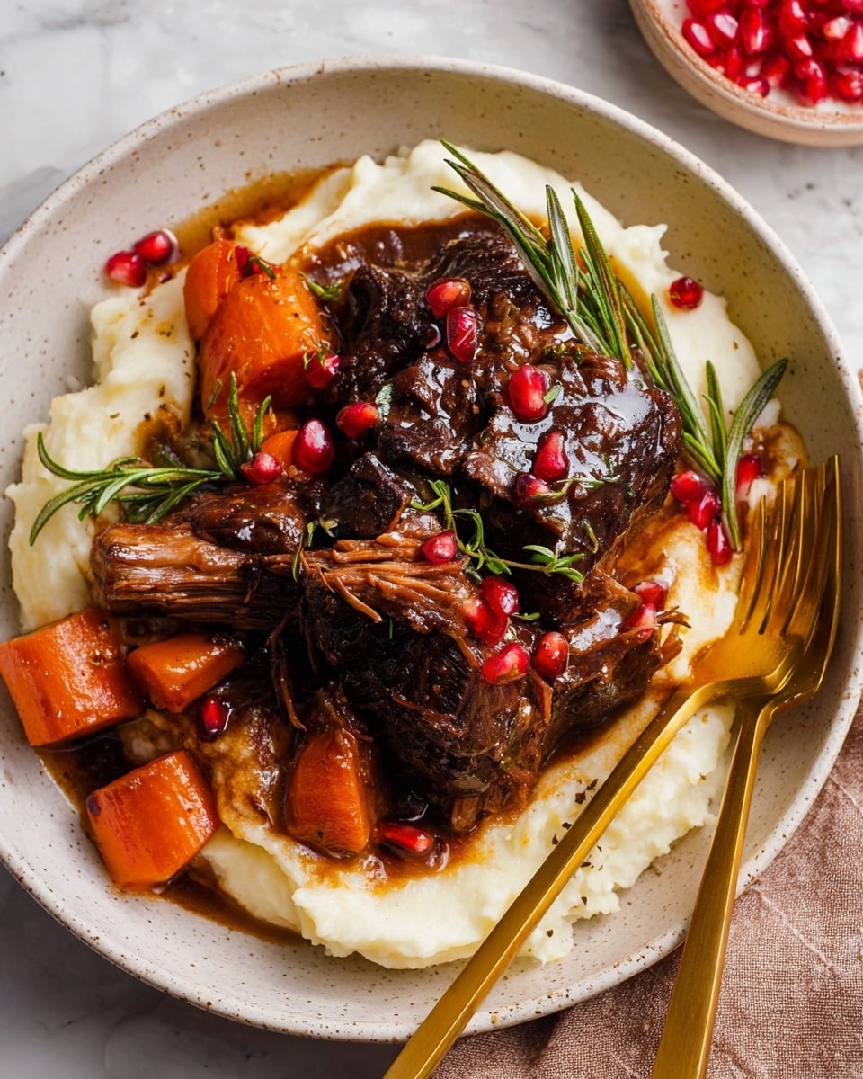 A white plate holds a layered dish starting with a base of creamy white mashed potatoes with a smooth texture. On top, there is a thick dark brown braised meat with a shiny glaze, resting on and around chunks of soft orange carrots. Small bright red pomegranate seeds and green rosemary sprigs are scattered on top for color. The meat looks tender and moist, slightly falling apart at the sides. A gold fork and knife rest on the edge of the plate. The background is a white marbled surface. Photo taken with an iphone --ar 4:5 --v 7