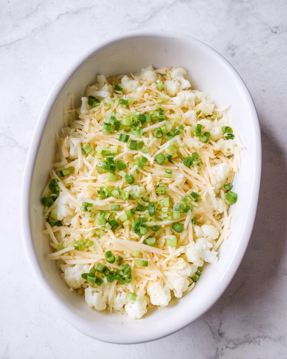 A white oval dish filled with a single layer of small white cauliflower pieces at the bottom, topped evenly with a layer of shredded light yellow cheese, and scattered with bright green chopped scallions across the top. The dish is placed on a white marbled surface. photo taken with an iphone --ar 4:5 --v 7