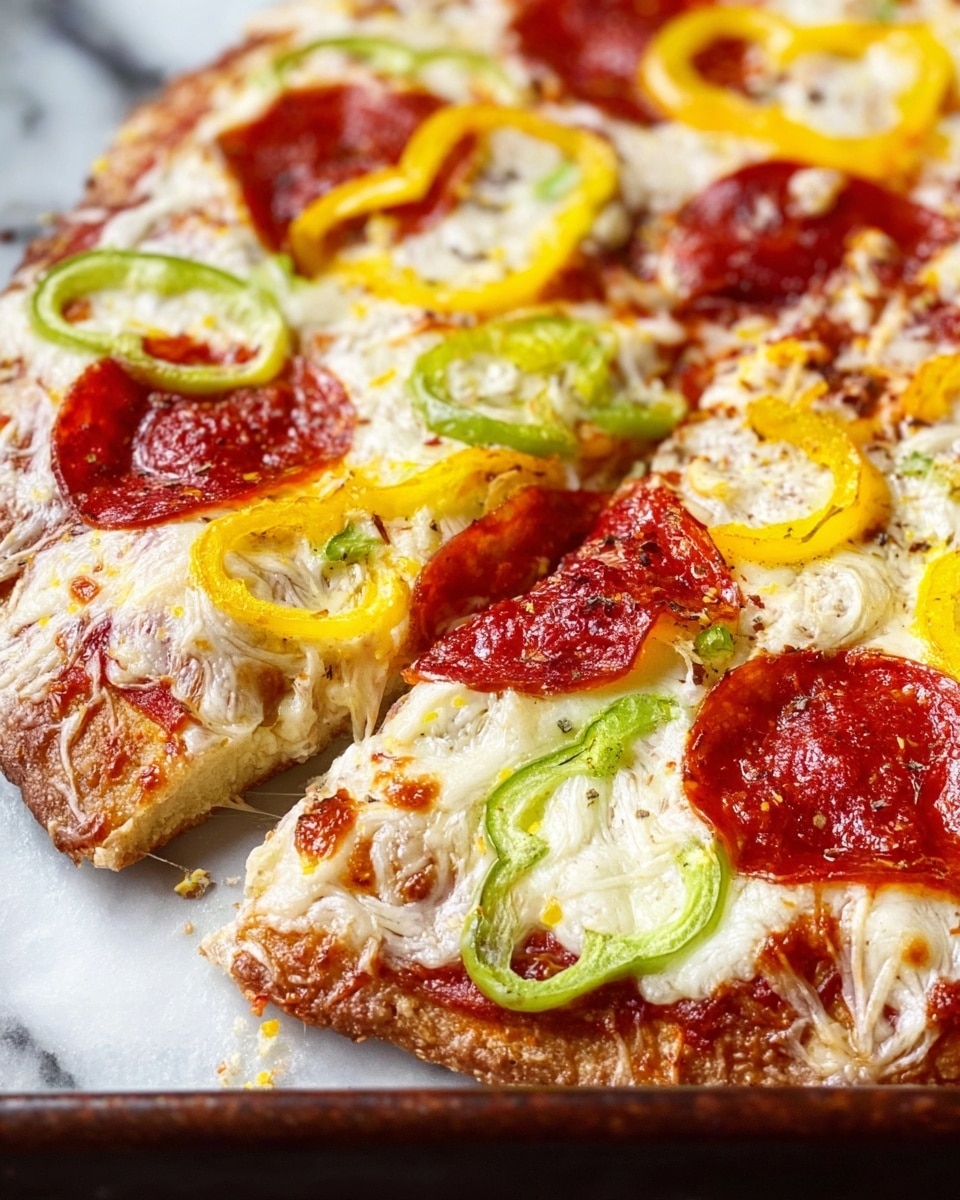 A close-up view of a pizza with one visible thick crust layer at the base, light brown and slightly textured. The next layer is melted white cheese, spread evenly, with touches of golden brown where it has baked. On top of the cheese are round, dark red slices of pepperoni placed evenly. Bright yellow and light green thin rings of bell peppers are scattered across the pizza, some overlapping the pepperoni and cheese. The pizza is on a white marbled surface, showing part of a dark baking tray beneath the pizza. photo taken with an iphone --ar 4:5 --v 7