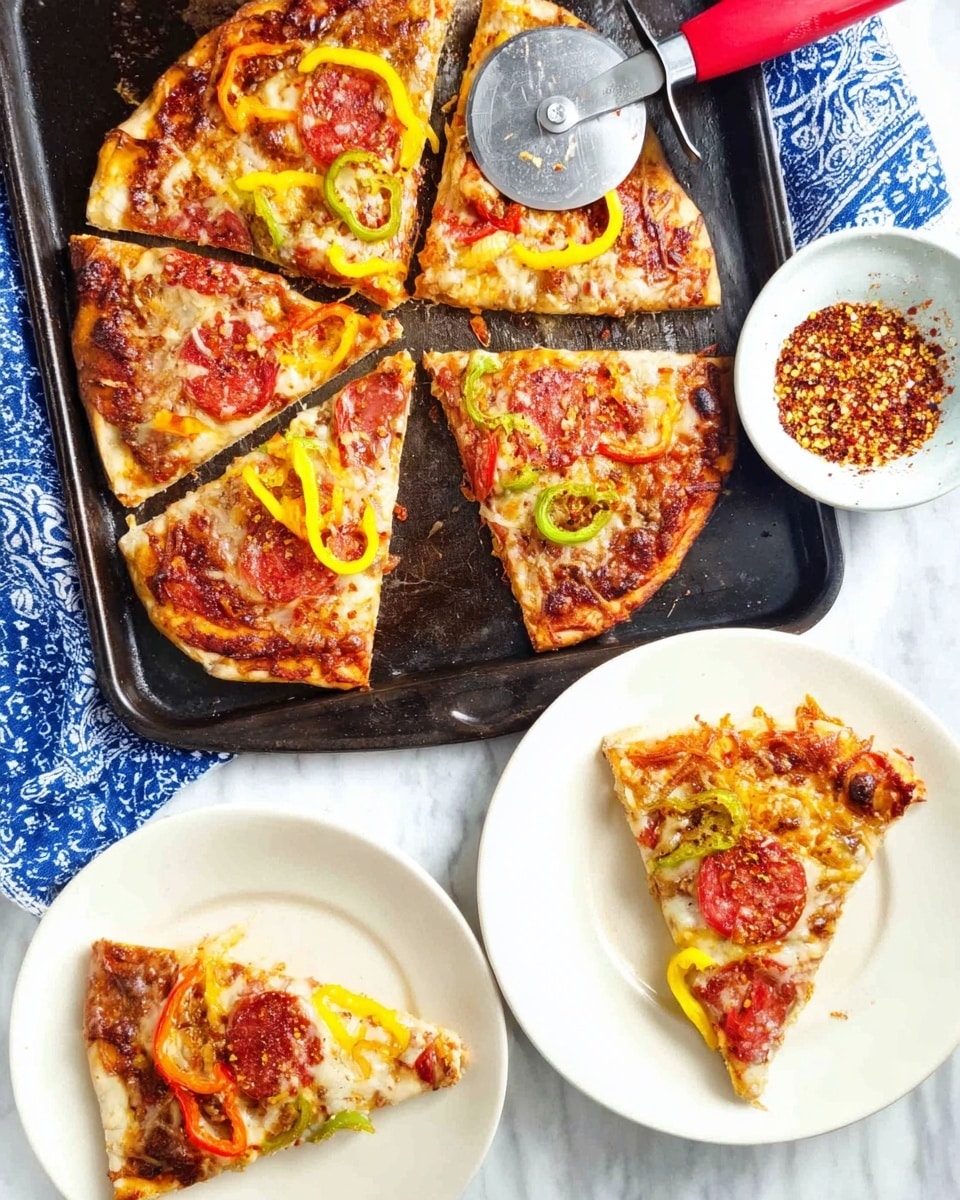 The image shows a black baking tray with a cooked pizza cut into six slices, with melted cheese, round pepperoni slices, yellow and green pepper rings, and a brown crust. A pizza cutter with a red handle is on the tray, lifting one slice. Next to the tray is a small white bowl filled with crushed red pepper flakes. Two white plates with one slice of pizza on each sit on a white marbled surface, with a blue patterned cloth nearby. The pizza has layers starting with the crust, then sauce, melted cheese, pepperoni, and sliced peppers on top. Photo taken with an iphone --ar 4:5 --v 7