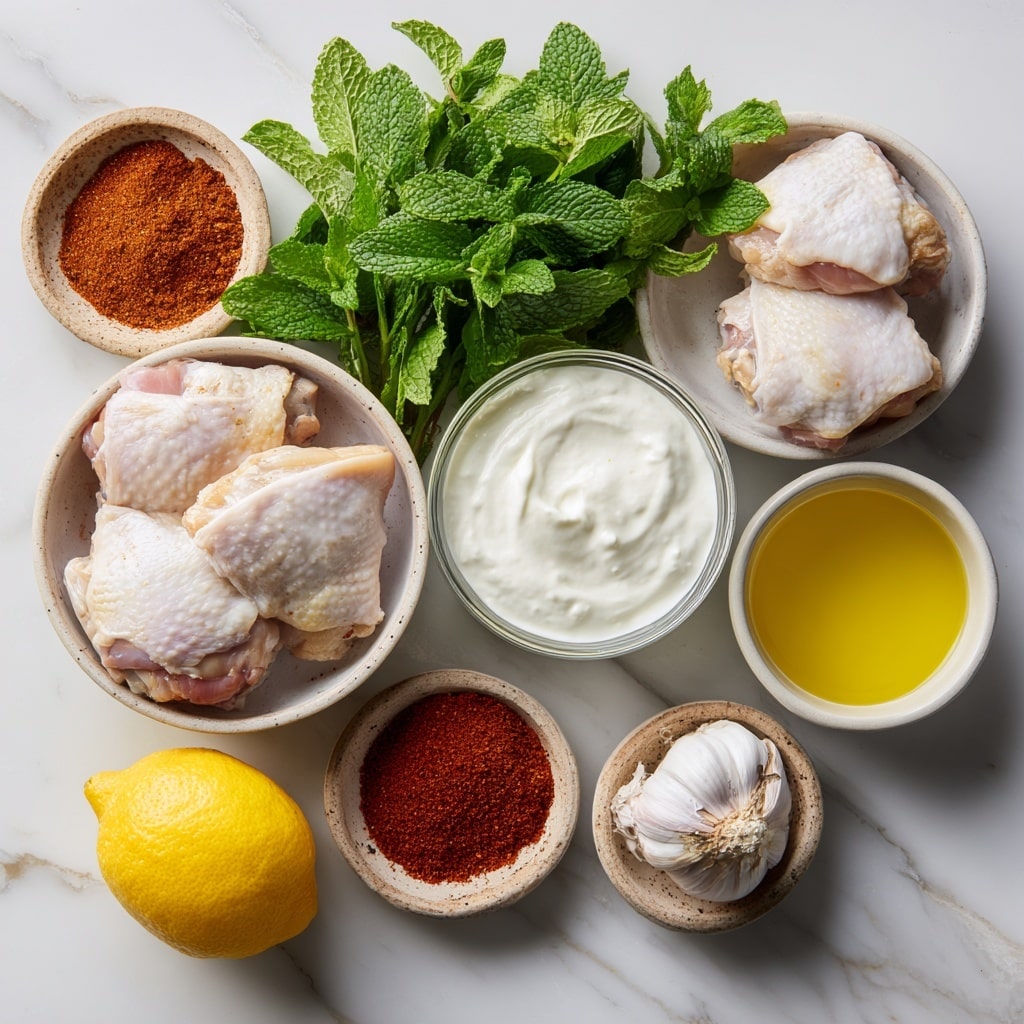 A white bowl holds a meal with three main layers: several slices of grilled chicken with dark charred marks and a shiny brown glaze sit on the left side, looking juicy and tender; on the right, there is a mound of light, fluffy couscous mixed with small green herb pieces and sprinkled with a little red seasoning; a small glass jar with creamy orange sauce is placed at the top left edge inside the bowl, next to fresh green parsley leaves that add a pop of color between the chicken and couscous; two lemon wedges with bright yellow skin and pale flesh rest beside the couscous at the bottom right of the bowl. The background features a white marbled surface, a light gray cloth, and parts of two clear glasses with a creamy drink. Photo taken with an iphone --ar 4:5 --v 7