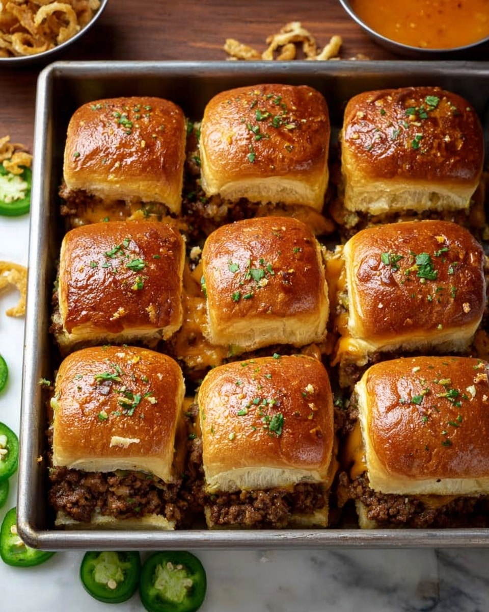 The image shows nine small sandwiches placed closely together in a square metal baking pan on a white marbled surface. Each sandwich has a shiny, golden-brown top bun with visible grill marks and sprinkled bits of green herbs and garlic. The buns are soft and slightly glossy, with a textured look. Underneath the buns, there is a layer of cooked ground meat mixed with melted cheese that slightly oozes out between the sandwiches. Around the pan, there are some sliced green jalapeños, crispy fried onions, and a small bowl of orange sauce visible on the wooden part of the surface. Photo taken with an iphone --ar 4:5 --v 7