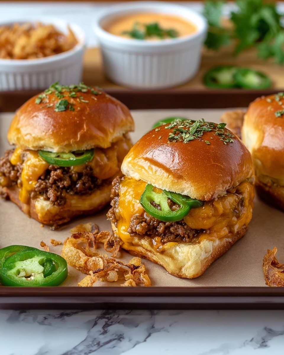 Two small sandwiches lie side by side on a white tray with a dark rim, lined with brown parchment paper. Each sandwich has three main layers: the bottom is a soft brown bun, followed by a thick layer of cooked ground meat mixed with small bits of onion, topped with melted orange cheese and a slice of green jalapeño, all covered with a shiny golden-brown bun sprinkled lightly with small green herbs. Crispy fried onions are scattered around the sandwiches on the parchment paper. In the background, there is a small white bowl filled with a creamy orange sauce, some green curly parsley, and sliced jalapeños on a white marbled surface. The photo taken with an iphone --ar 4:5 --v 7