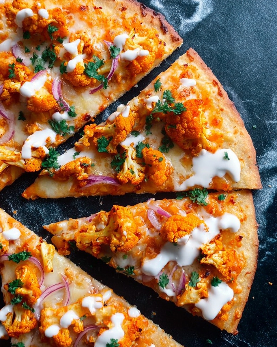 The image shows a pizza sliced into pieces on a dark surface with a white marbled texture. The pizza crust is golden brown and looks crispy on the edges. The first layer on the crust is a light orange sauce, followed by melted cheese that is slightly browned in some areas. On top, there are small roasted cauliflower pieces that are orange and slightly crispy, along with thin slices of red onion. White creamy sauce is drizzled over the pizza in stripes. Small green parsley leaves are scattered across the top, adding a fresh look to the pizza. Photo taken with an iphone --ar 4:5 --v 7
