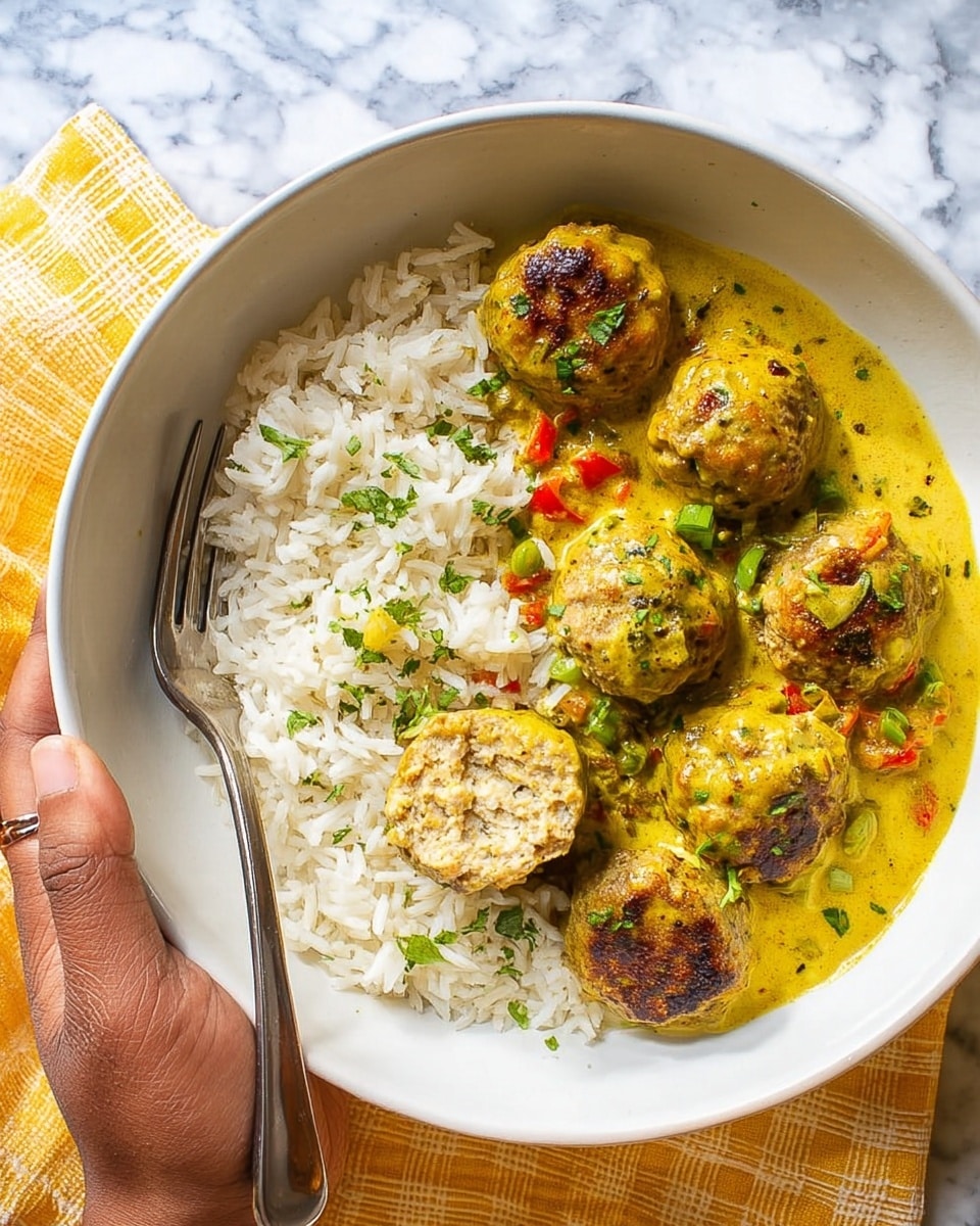 The image shows a yellow-handled pan filled with small browned meatballs covered in a rich, creamy yellow curry sauce. The sauce has a smooth texture, scattered with thin slices of red bell pepper and chunks of green onions sprinkled on top. The meatballs are evenly spread, some partially submerged in the sauce, creating a vibrant contrast between the dark brown of the meatballs and the bright yellow curry. The pan sits on a white marbled surface with a white cloth partially under the handle. photo taken with an iphone --ar 4:5 --v 7
