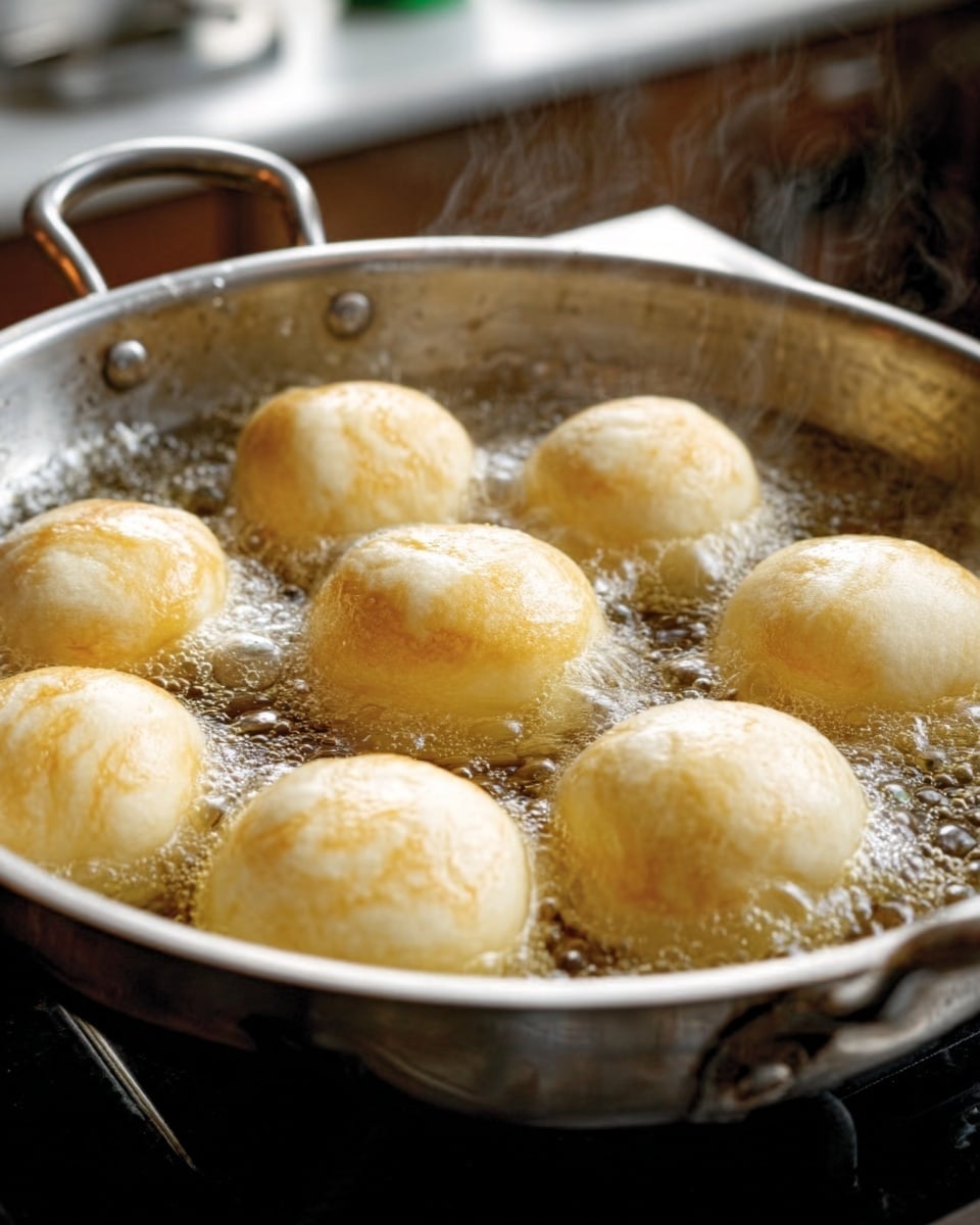 A close-up image showing nine round dough pieces frying in a large metal pan filled with bubbling oil. The dough pieces are light golden brown on the top with smooth surfaces and some small bubbles forming. The pan is shiny and slightly worn, with two small handles on the sides. The background shows a soft, blurred kitchen scene. The photo is bright, capturing the bubbling oil and soft light reflections on the dough photo taken with an iphone --ar 4:5 --v 7