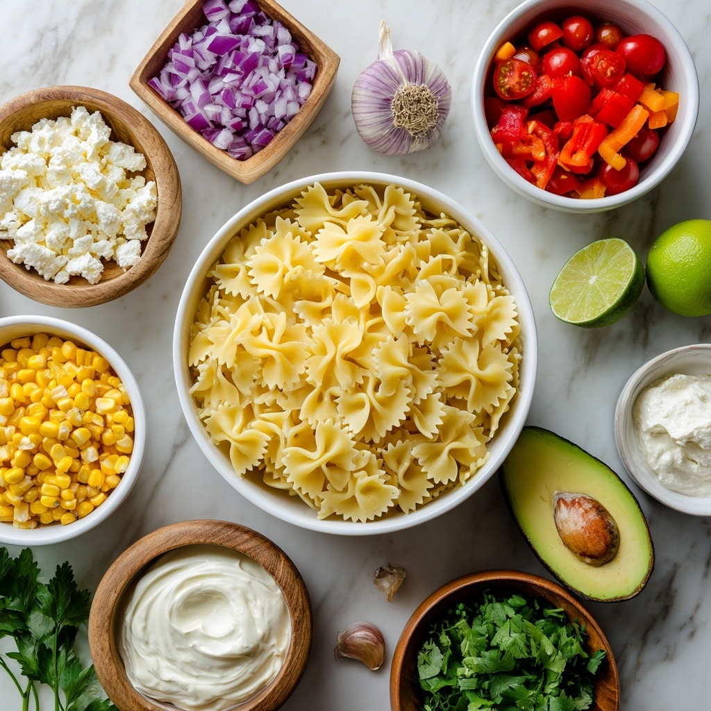 A white bowl filled with uncooked yellow bowtie pasta sits in the center on a white marbled surface, surrounded by smaller white and wooden bowls holding colorful ingredients: bright yellow corn kernels in one, halved red cherry tomatoes in another, crumbled white feta cheese on a small wooden square dish, and diced purple-red onions in a small white bowl. There is a halved bright green avocado with its pit showing, a crushed lime with a vibrant green interior, a bowl of smooth white Greek yogurt, a dollop of creamy white mayo in a small white bowl, chopped red bell pepper in a wooden bowl, fresh green cilantro leaves, and a couple of garlic cloves near the avocado. The arrangement shows an inviting mix of fresh, vibrant, and textured elements photo taken with an iphone --ar 4:5 --v 7