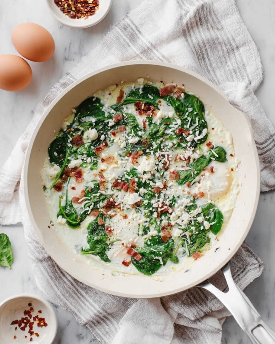 A white frying pan sits on a white marbled surface with a striped cloth underneath. Inside the pan is a light cream base layer with scattered cooked bacon bits visible through it. On top of that is a layer of bright green spinach leaves spread unevenly across the surface. Over the spinach, a layer of melted white cheese is sprinkled, mostly melted but with some small bits remaining. Around the pan on the cloth are two whole eggs on the left and a small white dish with a few dried red chili flakes on the right. A woman's hand is reaching from the bottom right corner toward the pan. Photo taken with an iphone --ar 4:5 --v 7