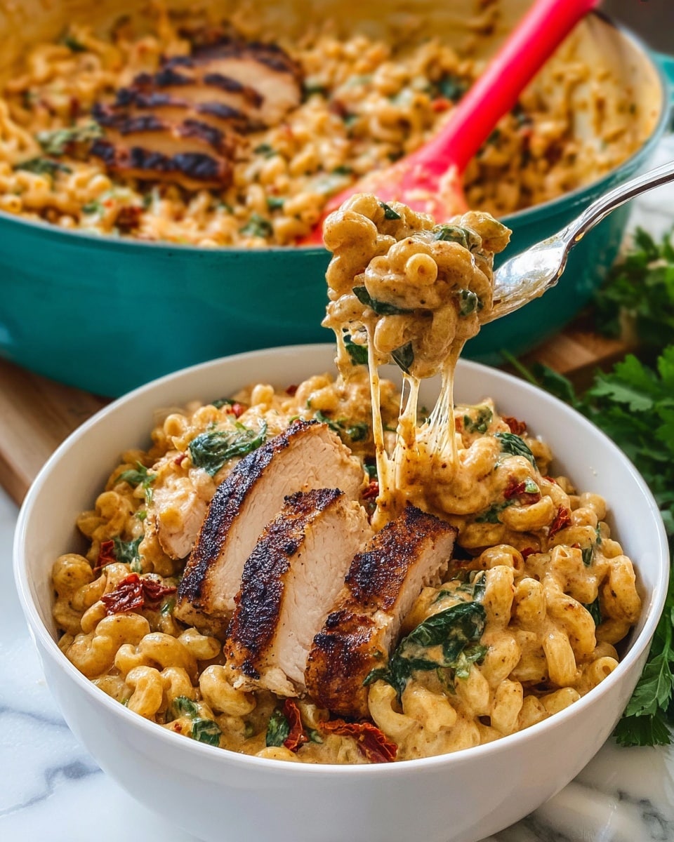 The image shows a white pan filled with creamy macaroni pasta mixed with green spinach leaves and pieces of sun-dried tomatoes, creating a blend of yellow, green, and red colors and a rich, smooth texture. On top of the mac and cheese, there are two large pieces of sliced grilled chicken with a dark, slightly charred crust and tender, juicy inside, placed side by side in the middle of the pan. The pan has a turquoise handle and is set on a wooden board surrounded by fresh green parsley and a teal cloth napkin, all on a white marbled surface. Photo taken with an iphone --ar 4:5 --v 7