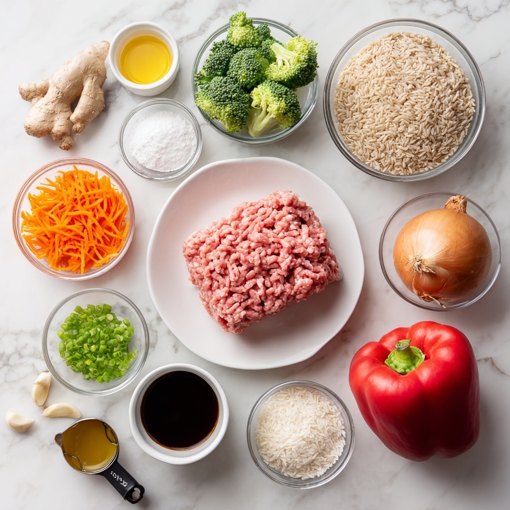 The image shows an arrangement of cooking ingredients on a white marbled surface. At the center is a white plate holding a block of raw ground turkey, pink and textured. Surrounding the plate in a loose circle are small clear and white bowls filled with chopped green broccoli, shredded orange carrots, light beige garlic powder, dark brown soy sauce, and a few sliced green onions. There is also a whole red bell pepper towards the bottom right, a whole brown onion near the top center, and fresh pieces of light brown ginger and peeled garlic cloves near the top left. Near the center left there is a small metal cup with golden cooking oil and a small clear bowl of honey. A small clear bowl of white corn starch is placed near the top left, and a black measuring cup filled with brown rice grains is near the top right. Each ingredient is clearly separated in their own spot for a neat, organized look. Photo taken with an iphone --ar 4:5 --v 7