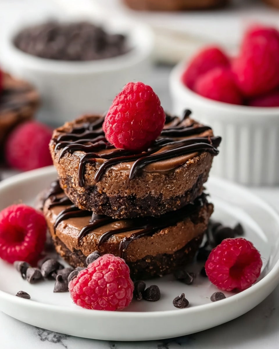 The image shows small round chocolate desserts on a white plate with a white marbled surface underneath. Each dessert has three layers: a dark brown, crumbly base; a smooth, lighter brown chocolate cheesecake middle layer; and a thin drizzle of dark chocolate on top. On the center of each dessert, there is a small white swirl of cream, topped by a bright red raspberry. Around the plate and on the surface are scattered fresh red raspberries and some small dark chocolate chips. The image is bright and focused on the dessert details. photo taken with an iphone --ar 4:5 --v 7