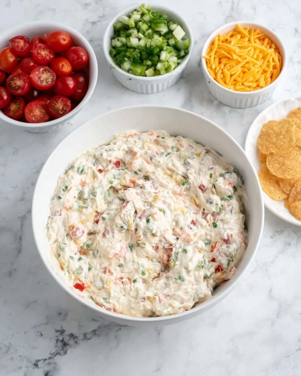 A white bowl filled with a thick creamy mixture showing bits of green and red, placed on a white marbled surface. Around the main bowl, there are three small white bowls: one with halved cherry tomatoes, another with a mix of green lettuce and diced vegetables, and the last with shredded yellow cheddar cheese. The colors include the white of the cream, bright red from the tomatoes, fresh green from the veggies, and the warm yellow of the cheese. photo taken with an iphone --ar 4:5 --v 7