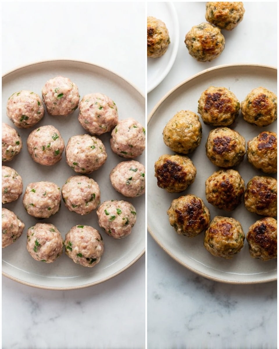 The image shows two white round plates, side by side on a white marbled surface. The left plate holds two layers of raw meatballs, each light pink with green herbs visible inside, arranged in neat rows. The right plate holds two layers of cooked meatballs that are golden brown with some darker seared spots, also arranged in neat rows, and they have a slightly shiny texture from cooking. A small portion of another white round plate with cooked meatballs is visible at the top right corner. Photo taken with an iphone --ar 4:5 --v 7