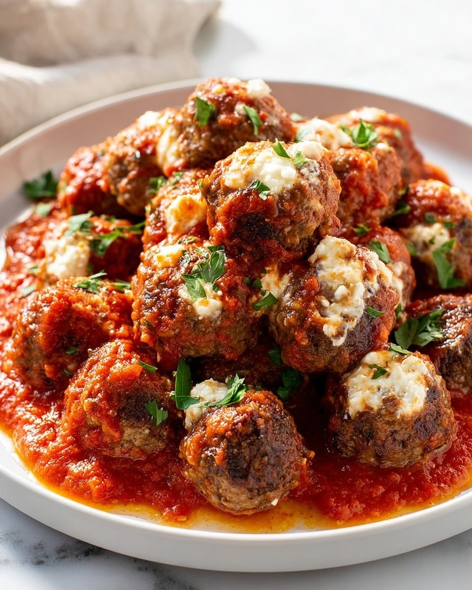 A white plate filled with many round meatballs covered in bright red tomato sauce. The meatballs have a textured brown surface with some white cheese peeking through in places. Small green parsley leaves are sprinkled on top of the meatballs and sauce. The sauce looks thick and chunky, pooling around the edges of the plate. The plate is sitting on a white marbled surface with soft sunlight coming from the side. photo taken with an iphone --ar 4:5 --v 7