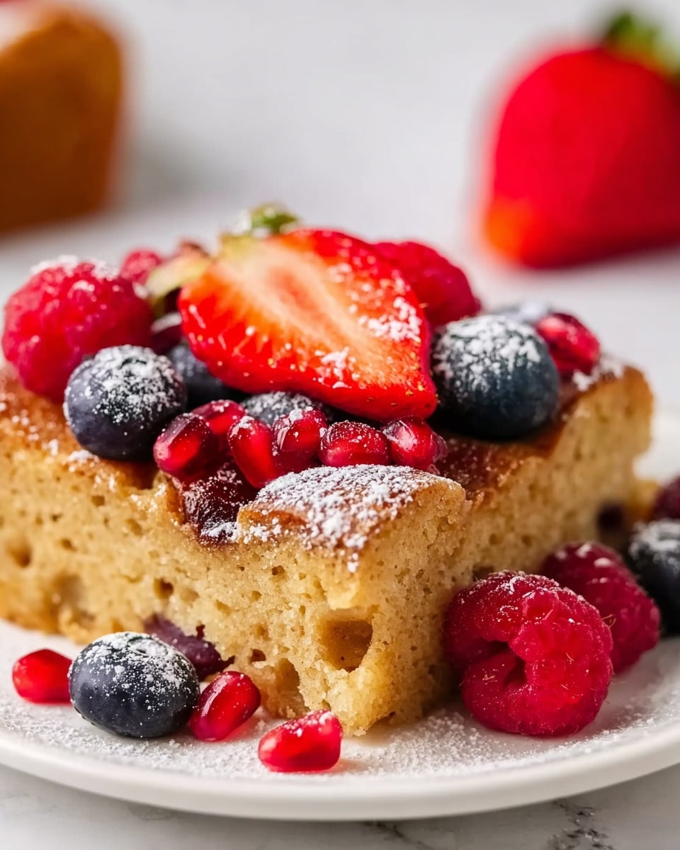 The image shows a white rectangular baking dish filled with a baked bread pudding made of golden brown bread pieces. The dish is topped with fresh berries including whole blueberries, raspberries, and sliced strawberries scattered all over. Small diced red fruit pieces are mixed in among the bread chunks. A light dusting of powdered sugar covers the entire surface, adding a delicate white layer on top of the colorful berries and golden bread. The dish sits on a white marbled surface with a red and white patterned cloth nearby. Photo taken with an iphone --ar 4:5 --v 7