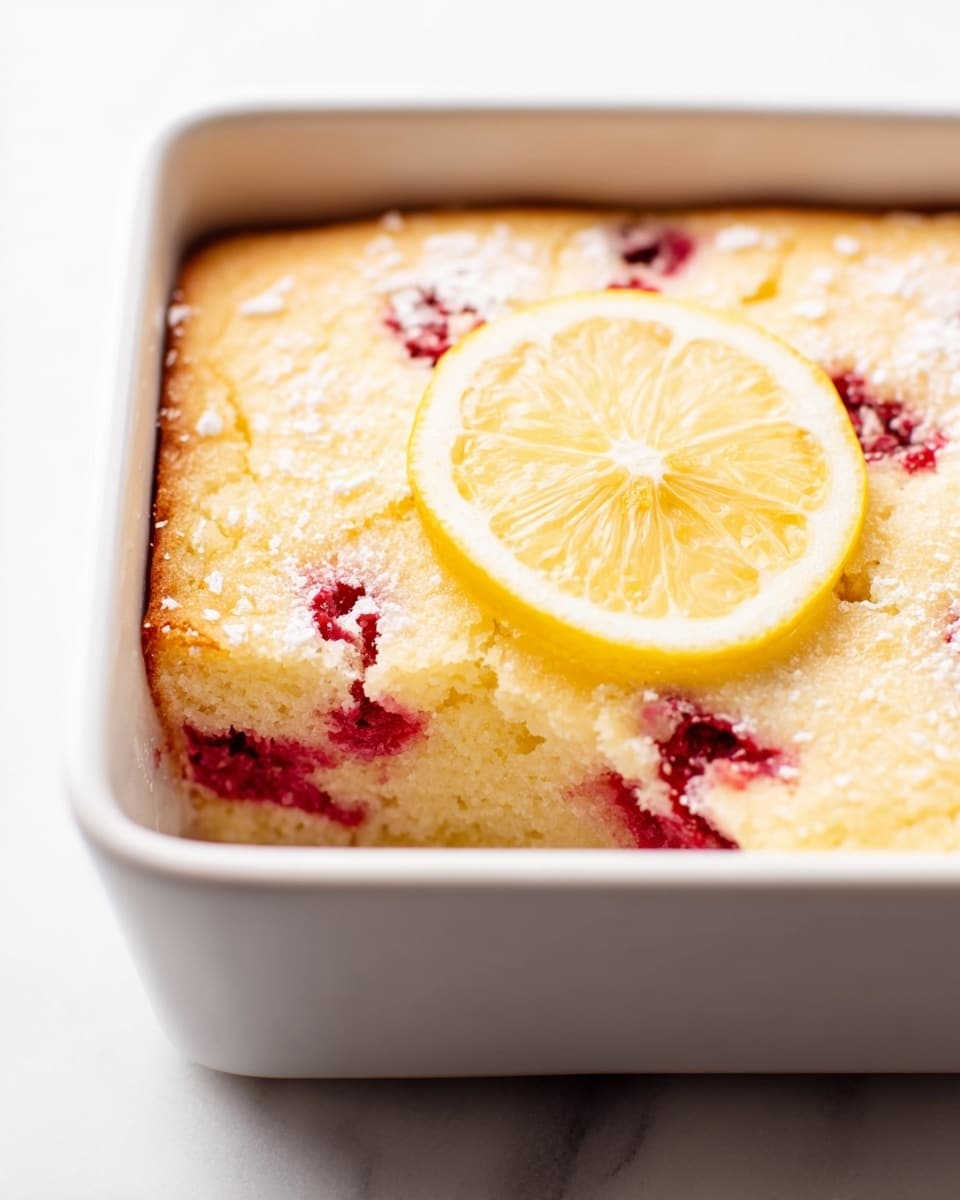 A close-up view of a square white baking dish filled with a single-layer soft cake that is light yellow with red berry spots showing through. The cake has a slightly rough, crumbly top texture with sugar crystals scattered lightly on the surface. On top in the center, there is a thin slice of lemon with visible segments pressed into the cake. The dish is placed on a white marbled surface with bright, even lighting that highlights the textures and colors. photo taken with an iphone --ar 4:5 --v 7