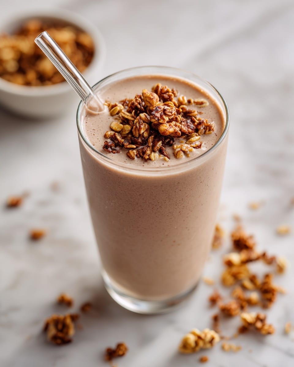 A clear glass filled with a creamy beige smoothie topped with a thick layer of golden brown granola sprinkled with almonds and pumpkin seeds, with some cinnamon powder dusted over the top. A clear straw is inserted into the smoothie from the left side. The glass sits on a white marbled surface with scattered granola pieces around it. Photo taken with an iphone --ar 4:5 --v 7
