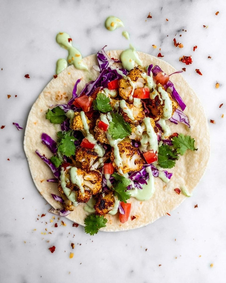 The image shows three soft white corn tortillas filled with layers of roasted golden-brown cauliflower pieces, bright green cilantro leaves, small diced red tomatoes, and thinly shredded purple cabbage. A light green creamy sauce is drizzled on top, adding a smooth texture and fresh look. The tacos are positioned in a slight diagonal line on a white marbled surface, with some scattered bits of topping visible around them. photo taken with an iphone --ar 4:5 --v 7
