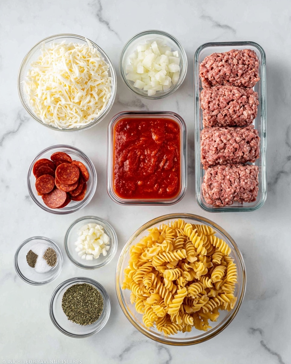 A collection of clear glass bowls and a glass container sit on a white marbled surface, each filled with different ingredients: one bowl holds creamy white shredded cheese, another clear bowl contains bright red tomato sauce with a textured surface, a rectangular glass container is filled with two types of ground meat side by side—one pinkish and the other darker with visible fat specks, a small bowl contains dark red round pepperoni slices stacked neatly, a medium bowl is filled with uncooked golden yellow rotini pasta spirals, and smaller bowls hold finely chopped white onions, minced garlic, dried green herbs, and a mix of salt and black pepper. The arrangement is simple and neat, showcasing the ingredients clearly photo taken with an iphone --ar 4:5 --v 7