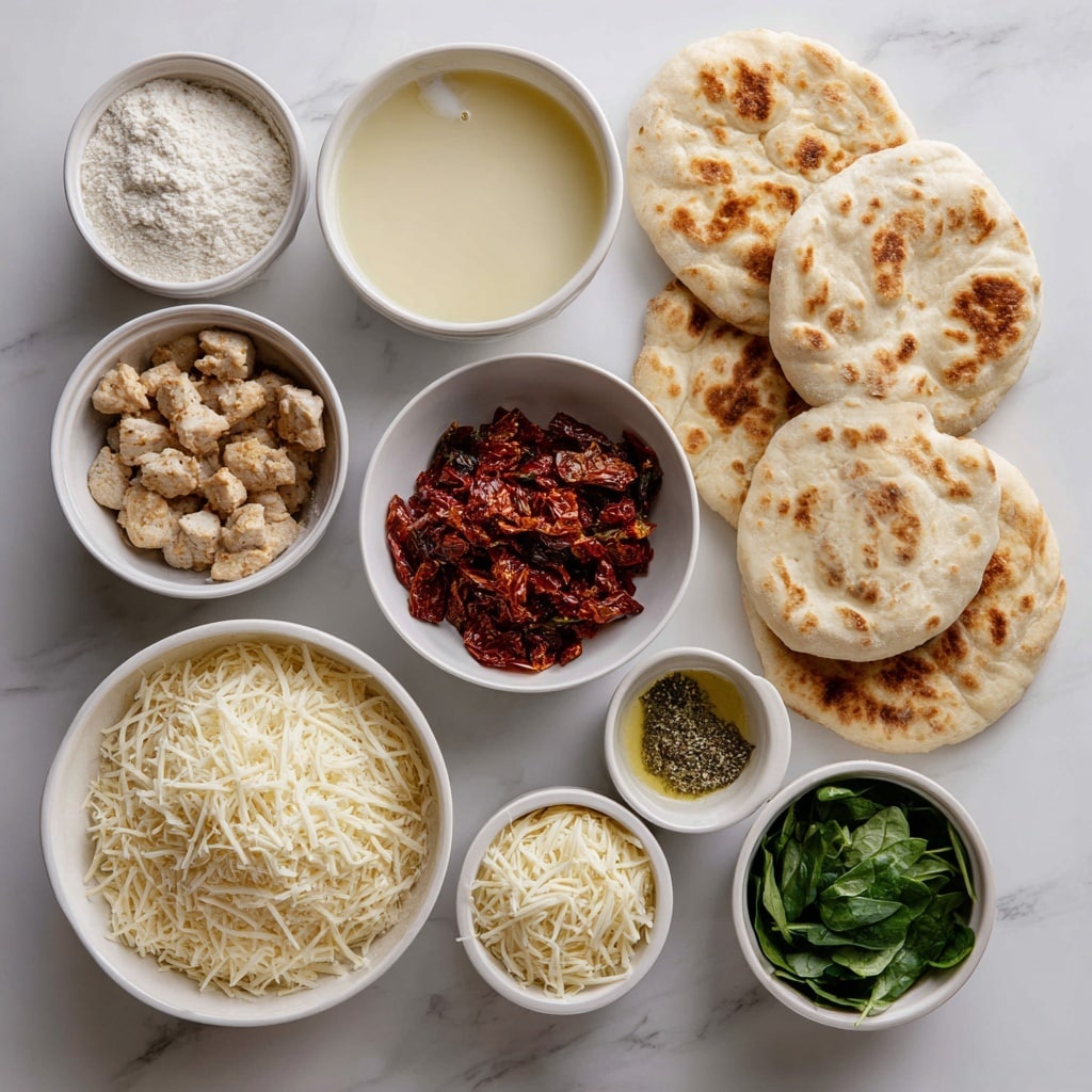 Two small pizzas sit on a wooden surface with a few spinach leaves and sun-dried tomatoes nearby. Each pizza has one thin, light beige crust base, topped with a generous layer of melted white cheese that covers the surface. Scattered on top are chunks of cooked golden-brown pieces, fresh dark green spinach leaves, and small pieces of dark red sun-dried tomatoes, giving a mix of soft and slightly crispy textures. The pizzas look creamy and fresh with a slightly uneven cheese layer showing the toppings beneath. Photo taken with an iphone --ar 4:5 --v 7