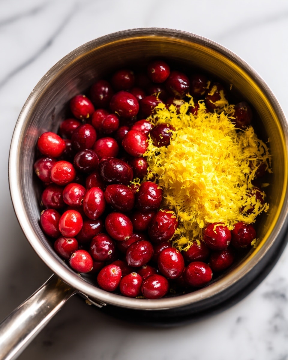 The image shows a silver pot filled with a layer of bright red cranberries on the left and a pile of finely grated bright yellow zest on the right, both sitting on a stove burner. The cranberries are small and shiny, and the zest adds a rough, textured contrast on top of them. The pot is set on a clean black stovetop, all against a white marbled surface background. Photo taken with an iphone --ar 4:5 --v 7
