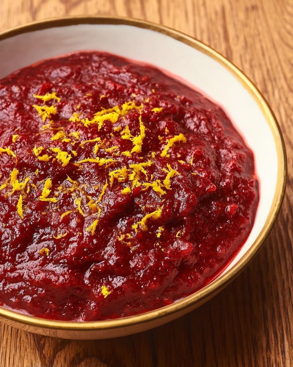 A close-up view of a single layer of deep red, thick cranberry sauce that shows a slightly chunky texture with small whole cranberry pieces mixed in. On top, bright orange zest is scattered unevenly, adding a pop of color and contrasting with the rich red sauce. The sauce fills a white bowl with a thin golden rim visible around the edges. The background is a white marbled surface and the photo is taken with an iphone --ar 4:5 --v 7