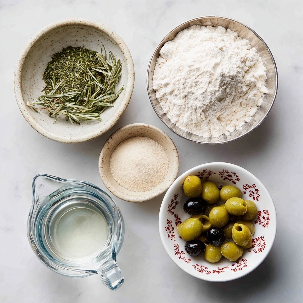 The image shows a white marbled surface with five containers arranged neatly. At the top right, a silver bowl is filled with white bread flour, showing a fluffy texture. To the left, a small ceramic bowl holds chopped green rosemary with a rough texture. Below the rosemary, a clear glass small bowl contains fine white salt, and next to it, a small ceramic dish has instant yeast displayed as a light beige powder. At the bottom right, a white bowl with red flower patterns is filled with black and green sliced olives, showing round pieces with smooth textures. At the bottom left, a clear glass measuring jug holds clear water, reflecting light softly. Each container is clearly labeled with simple black text on the white marbled surface. Photo taken with an iphone --ar 4:5 --v 7