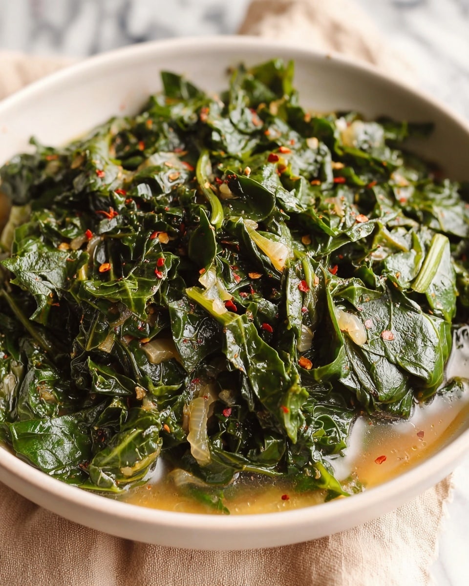 A close-up view of cooked dark green leafy vegetables, soft and slightly wet, in a white bowl. The leaves are chopped in uneven pieces with visible veins and folding textures, mixed with small bits of cooked onion that are translucent and light brown. Tiny red chili flakes and black pepper specks are scattered on top, adding spots of red and black color to the mostly green mixture. The liquid at the bottom is light brown and wet, partially coating the leaves. The bowl is set on a beige cloth with a blurred white marbled surface in the background. Photo taken with an iphone --ar 4:5 --v 7