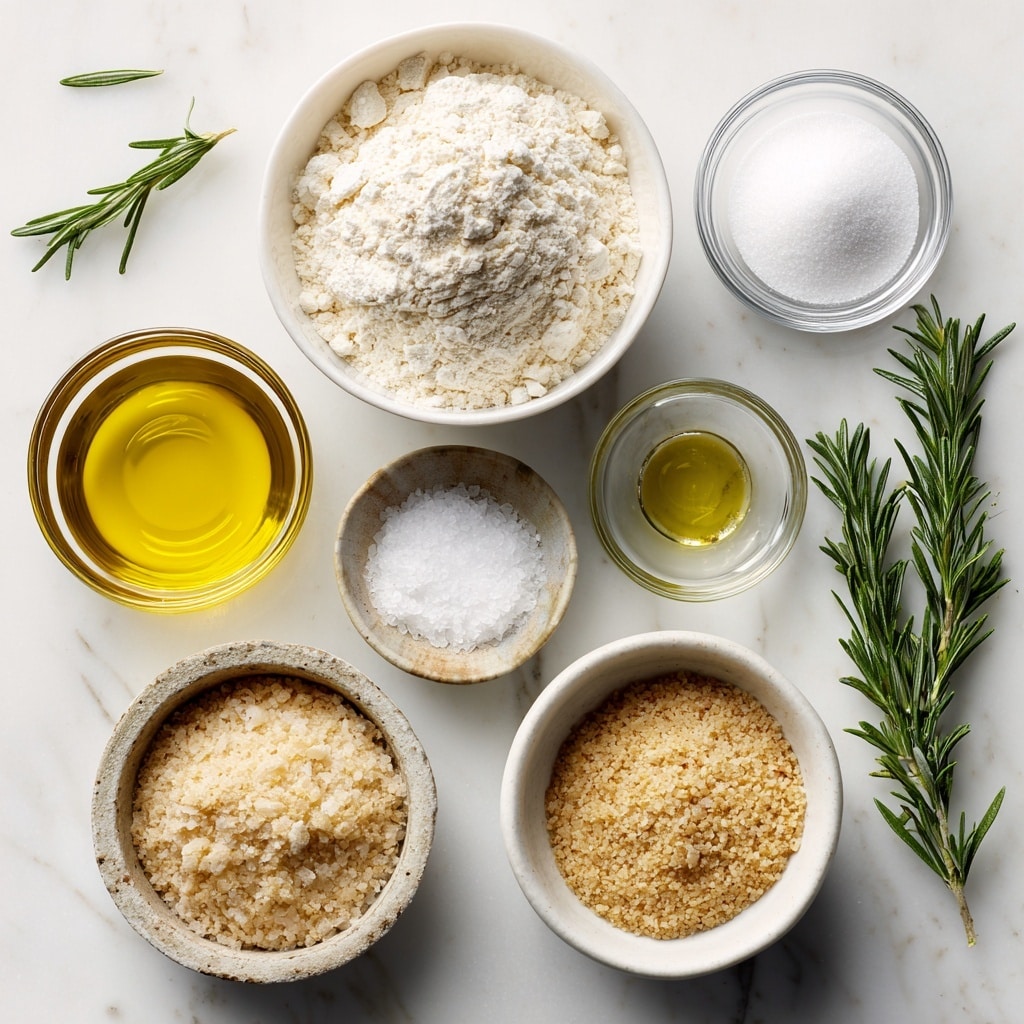 A top-down view of various ingredients neatly placed on a white marbled surface. In the upper left, a white bowl filled with white bread flour has a soft, powdery texture. To the right, a small clear glass bowl holds fine white sugar, smooth and crystalline. Below that, a white bowl containing golden yellow olive oil with a glossy surface is positioned. Slightly below and to the left, a small clear glass bowl holds fine white table salt. Next to it, a rustic white bowl contains coarse, flaky sea salt with a rough texture. To the lower left, a small white bowl filled with beige instant yeast granules sits. On the far right, two fresh green rosemary sprigs with needle-like leaves lie next to the bowls. Each ingredient is labeled with simple black text boxes above or beside them. Photo taken with an iphone --ar 4:5 --v 7