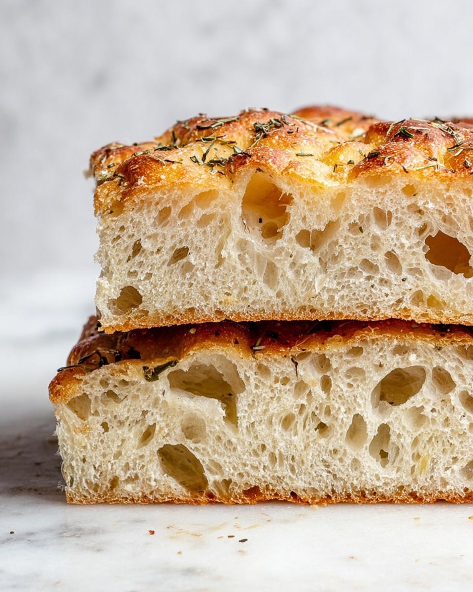 The image shows a close-up of two thick slices of focaccia bread stacked one on top of the other on a white marbled surface. The bread has a golden brown crust sprinkled with herbs, and the inside is soft with large air pockets and a light beige color. The texture looks airy and slightly moist, while the outer crust is crisp and uneven, with small browned peaks. In the background, there is a blurred white marbled texture. Photo taken with an iphone --ar 4:5 --v 7