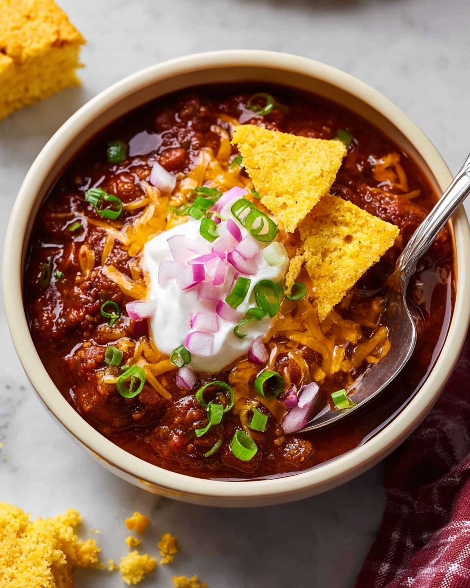A white bowl filled with thick dark brown chili as the base layer, topped with finely shredded yellow cheese and a dollop of smooth white sour cream. On top of the sour cream, there are two rectangular light yellow corn chips. Scattered over the chili and chips are small bright pink onion pieces and fresh, sliced green onions. A silver spoon rests on the edge of the bowl, with crumbs of yellow cornbread visible nearby on a white marbled surface. Photo taken with an iphone --ar 4:5 --v 7