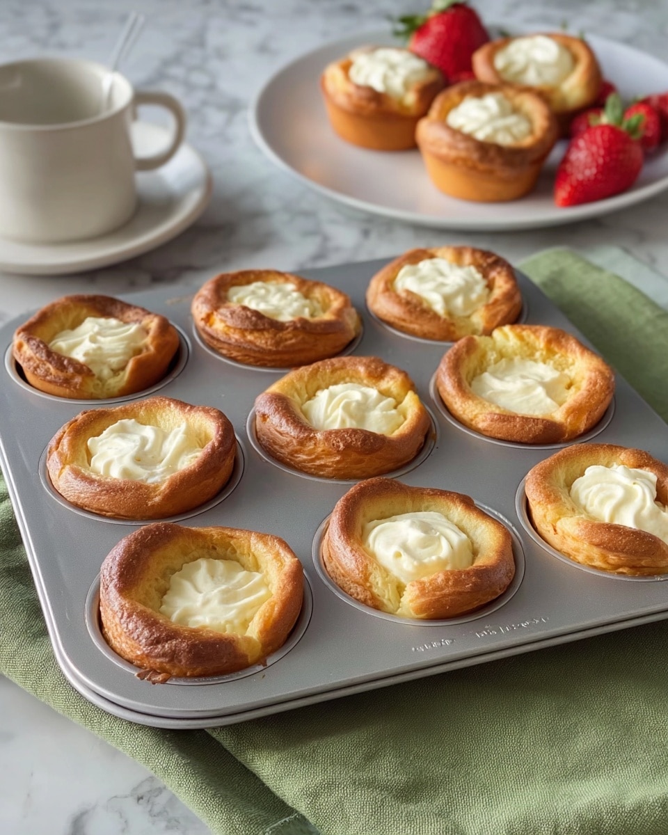 The image shows a metal muffin tray with eight golden brown pastries, each with a slightly raised outer ring and a creamy white swirl in the center. The pastries have a slightly shiny and smooth texture with uneven edges. Behind the tray, there is a white plate with more similar pastries topped with the same white creamy swirl, accompanied by fresh red strawberries. A white teacup and saucer are partially visible at the top left corner. The muffin tray and plate are placed on a green cloth on a white marbled surface. Photo taken with an iphone --ar 4:5 --v 7
