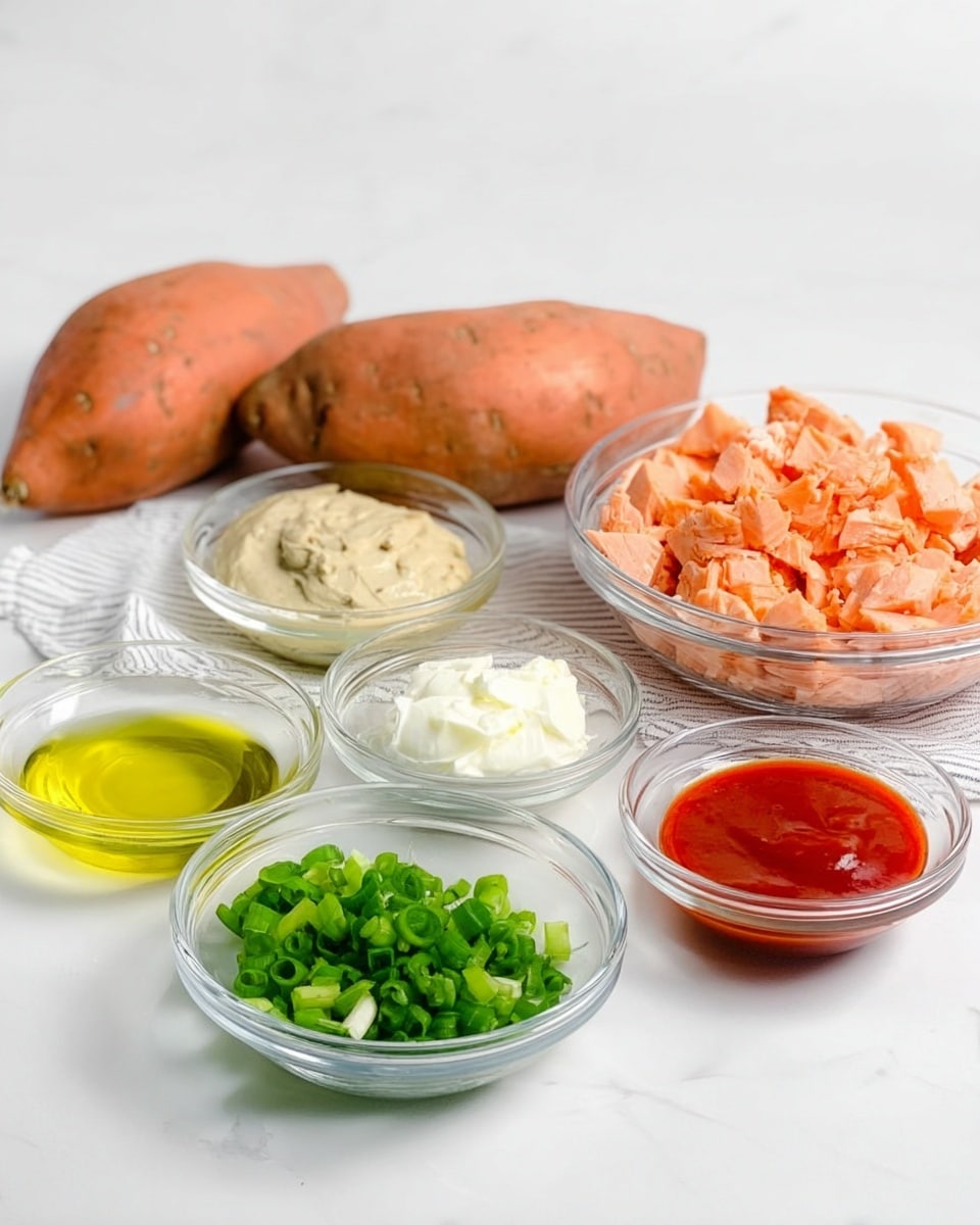 The image shows two whole sweet potatoes with rough orange skin placed at the back on a white marbled surface. In front of them, there are six clear glass bowls arranged in two rows. The largest bowl on the right contains pale pinkish chopped salmon pieces. To its left, a smaller bowl holds bright green chopped spring onions. Next to the spring onions, a bowl has yellow olive oil. In the front row, from left to right, there is a bowl with creamy beige sauce with herbs, a bowl filled with bright red hot sauce, and the last bowl contains thick white cream cheese. A white and gray striped cloth is partly visible under the bowls. photo taken with an iphone --ar 4:5 --v 7