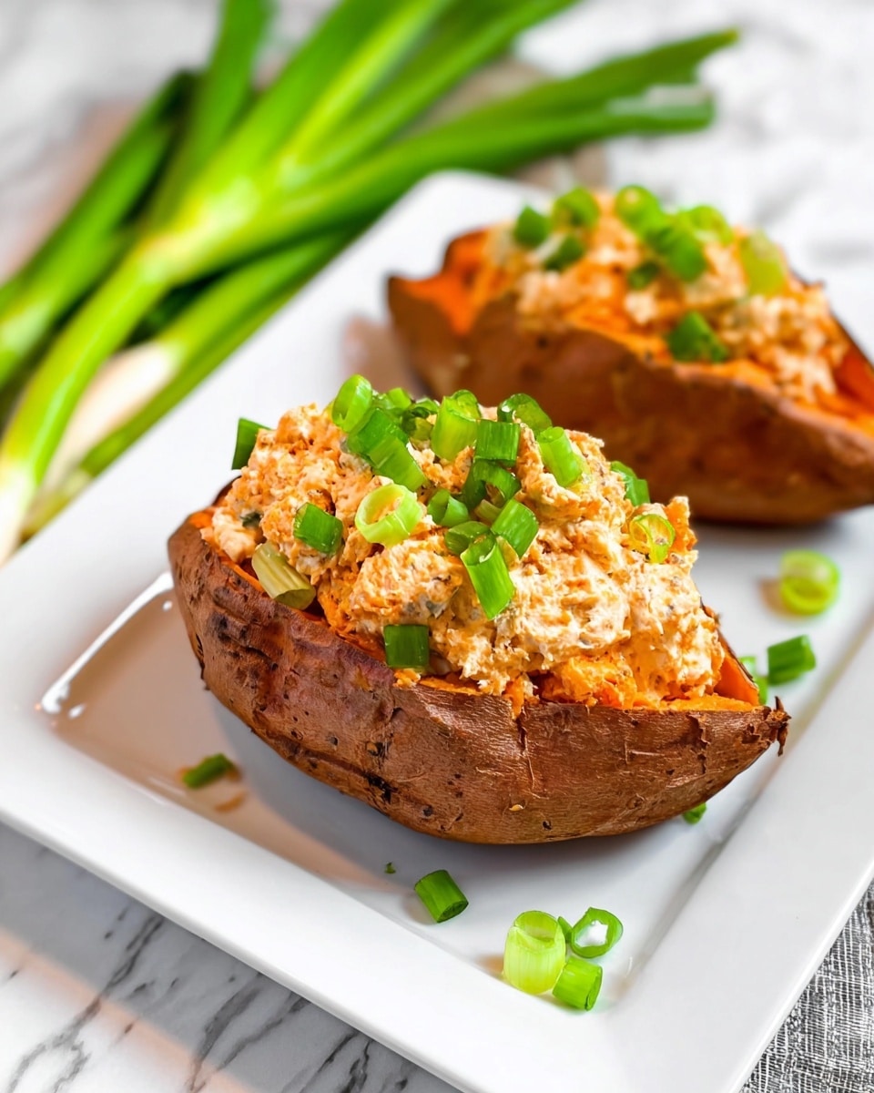 Two roasted sweet potatoes sit on a white rectangular plate on a white marbled surface. Each sweet potato is split open and filled with a creamy, pale orange mixture with a slightly chunky texture. Bright green chopped scallions are sprinkled on top of the filling, adding a fresh contrast. In the background, a bunch of whole scallions lies out of focus. The photo taken with an iphone --ar 4:5 --v 7