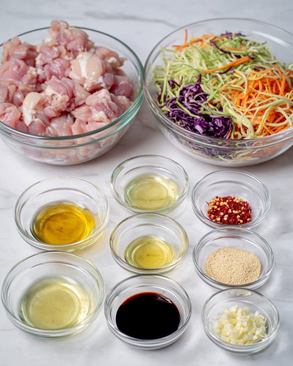 This image shows a white pan filled with a colorful stir-fry dish. The base layer consists of many small, light brown pieces of chicken scattered evenly across the pan. Mixed among the chicken are thin strips of bright green broccoli stems, slivers of orange carrots, and pieces of deep purple cabbage, showing a variety of textures from soft to crunchy. The dish is sprinkled with small white sesame seeds, adding a slight pop of color contrast. The background is a white marbled surface. photo taken with an iphone --ar 4:5 --v 7