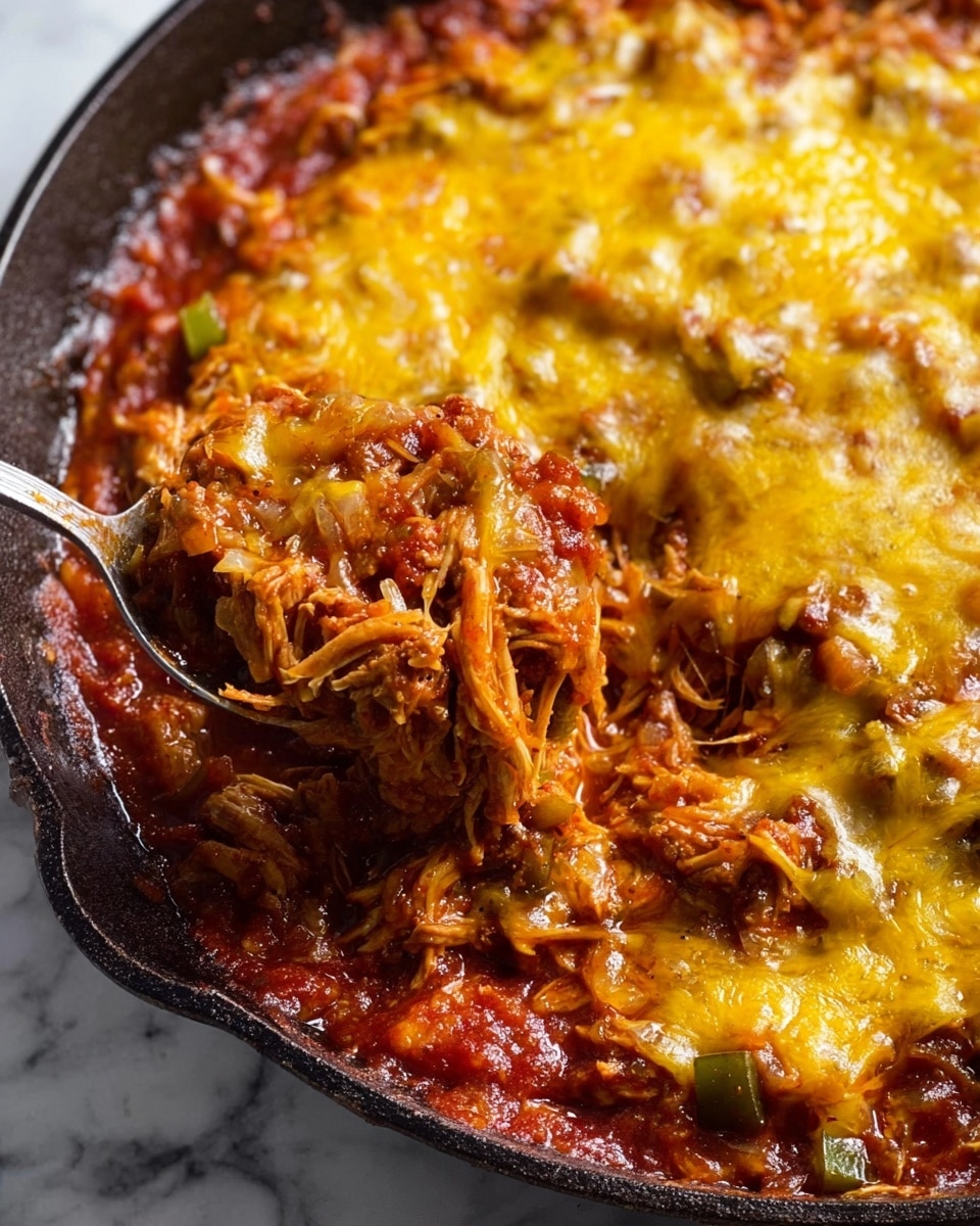 A close-up of a black cast iron pan filled with a dish that has three main visible layers: the top layer is melted yellow cheese with a slightly oily texture, below it is shredded meat mixed with small chunks of green peppers and onions in a rich reddish-brown sauce, and the bottom layer is a thick tomato-based sauce visible around the edges. A metal spoon is partially inside the pan lifting some of the dish, showing the layers clearly. The background is a white marbled surface. Photo taken with an iphone --ar 4:5 --v 7