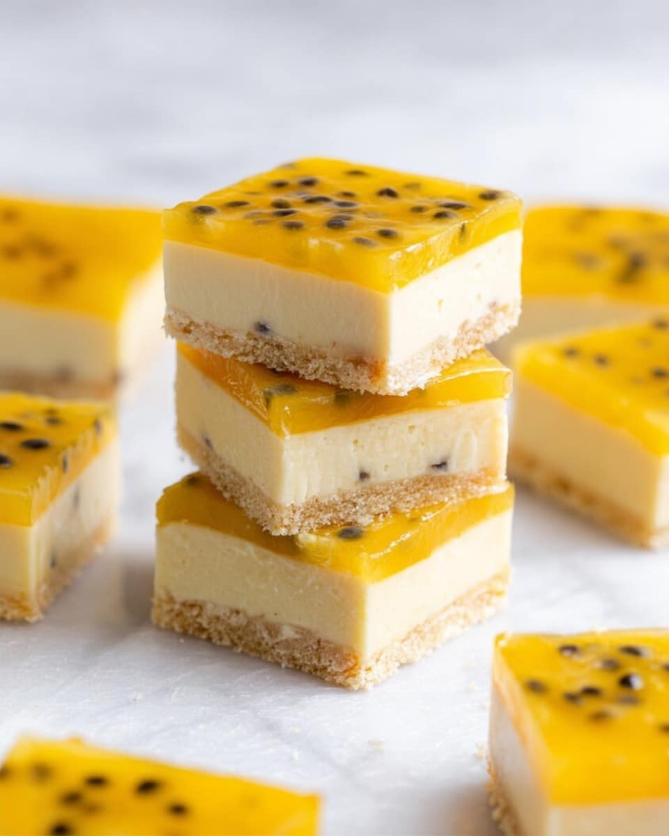 The image shows a stack of three square dessert bars with three layers each. The bottom layer is a light golden crumbly crust, the middle layer is a thick, creamy pale yellow filling, and the top layer is a smooth, bright yellow jelly with small black seeds scattered inside. Around the stack are more square bars arranged on a white marbled surface, each showing the same three layers. The bars have clean edges, and the lighting makes the top jelly layer look shiny and fresh. photo taken with an iphone --ar 4:5 --v 7