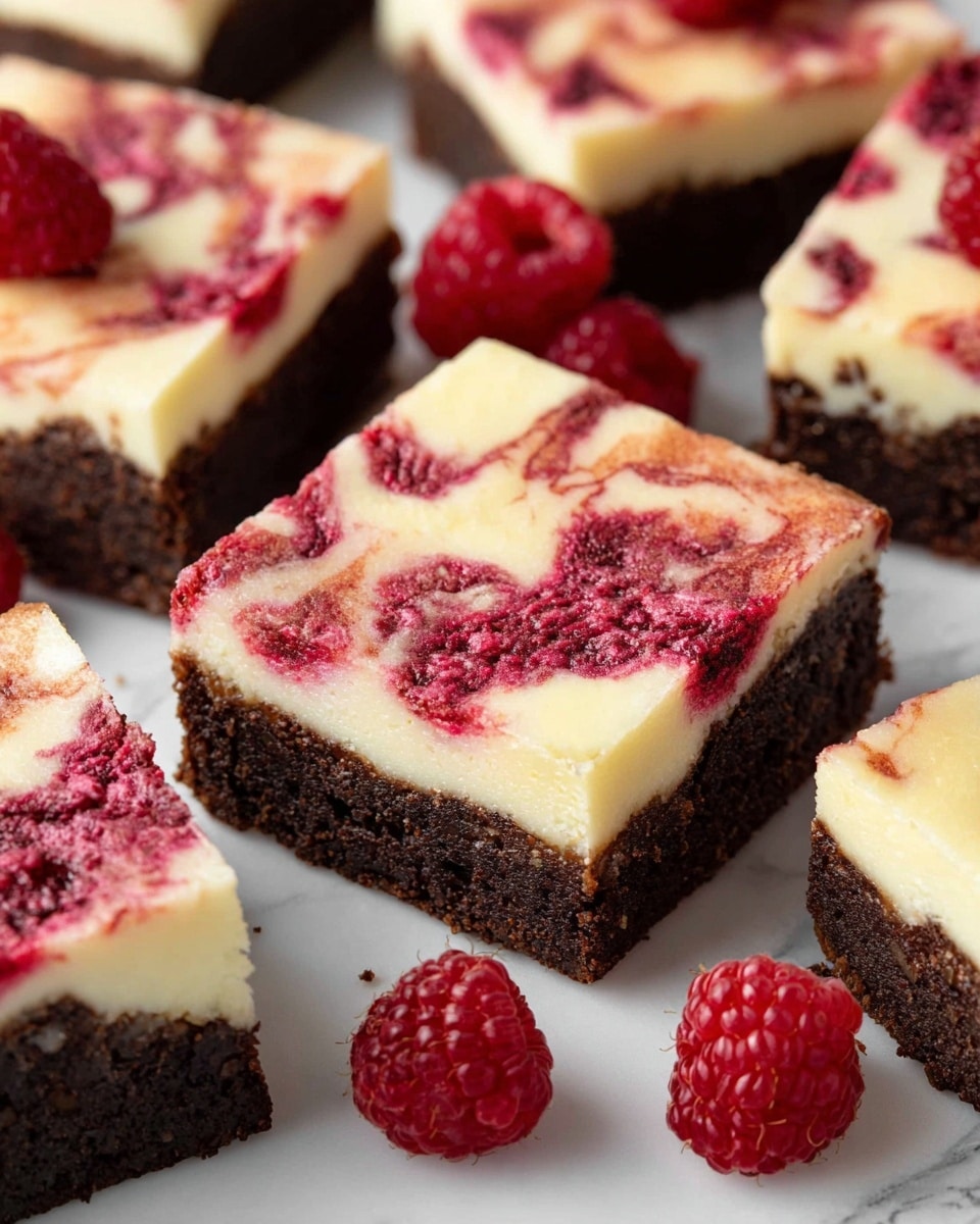 The image shows several square dessert bars with two layers: the bottom layer is dark brown and dense, while the top layer is creamy white with bright red raspberry swirls mixed in. The bars are placed on a white marbled surface, with a few fresh red raspberries scattered between them. The top layer has a smooth, soft texture with uneven patches of crushed raspberries giving it a marbled look. photo taken with an iphone --ar 4:5 --v 7