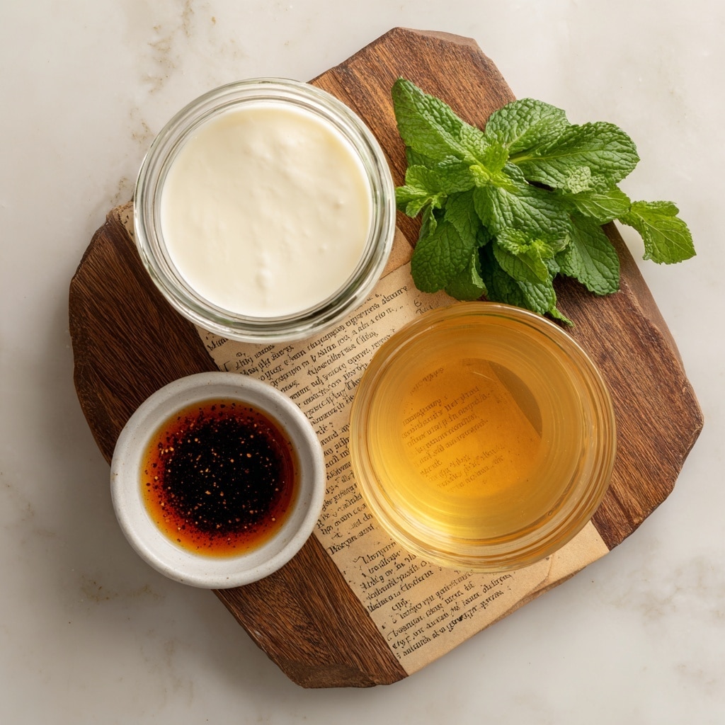 A top view of three ingredients arranged on a wooden board with old book pages underneath, placed on a white marbled surface. At the top center is a glass jar filled with white oat milk, showing a smooth and creamy texture. To the right is a transparent glass cup with light yellow peppermint tea inside, allowing the text beneath it to be seen clearly. At the bottom left is a small white bowl holding dark amber vanilla extract with tiny visible specks. Two fresh green peppermint leaves rest next to the bowl on the book pages. Photo taken with an iphone --ar 4:5 --v 7