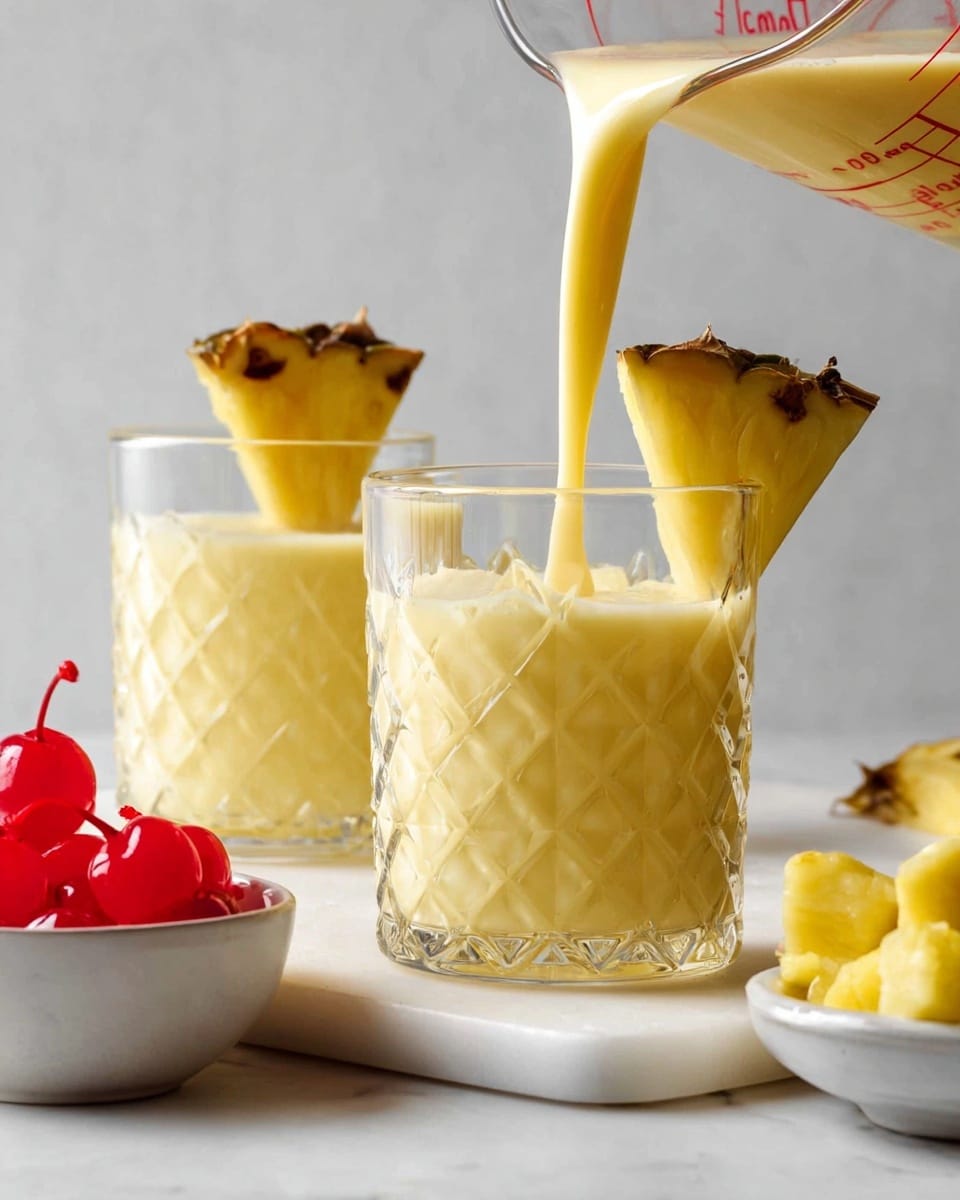 A clear glass with a diamond pattern is filled with a creamy yellow drink being poured from a clear measuring cup above, with small bubbles on the surface. A triangular slice of bright yellow pineapple with brown edges is placed on the rim of this glass. Behind it, a second similar glass holds the same yellow drink and pineapple slice. To the left, a small white bowl holds bright red cherries, with a few loose cherries nearby. On the right side, a white bowl contains yellow pineapple chunks, and a small piece of pineapple rests beside it. The setting is on a white marbled surface with a plain white wall background. photo taken with an iphone --ar 4:5 --v 7